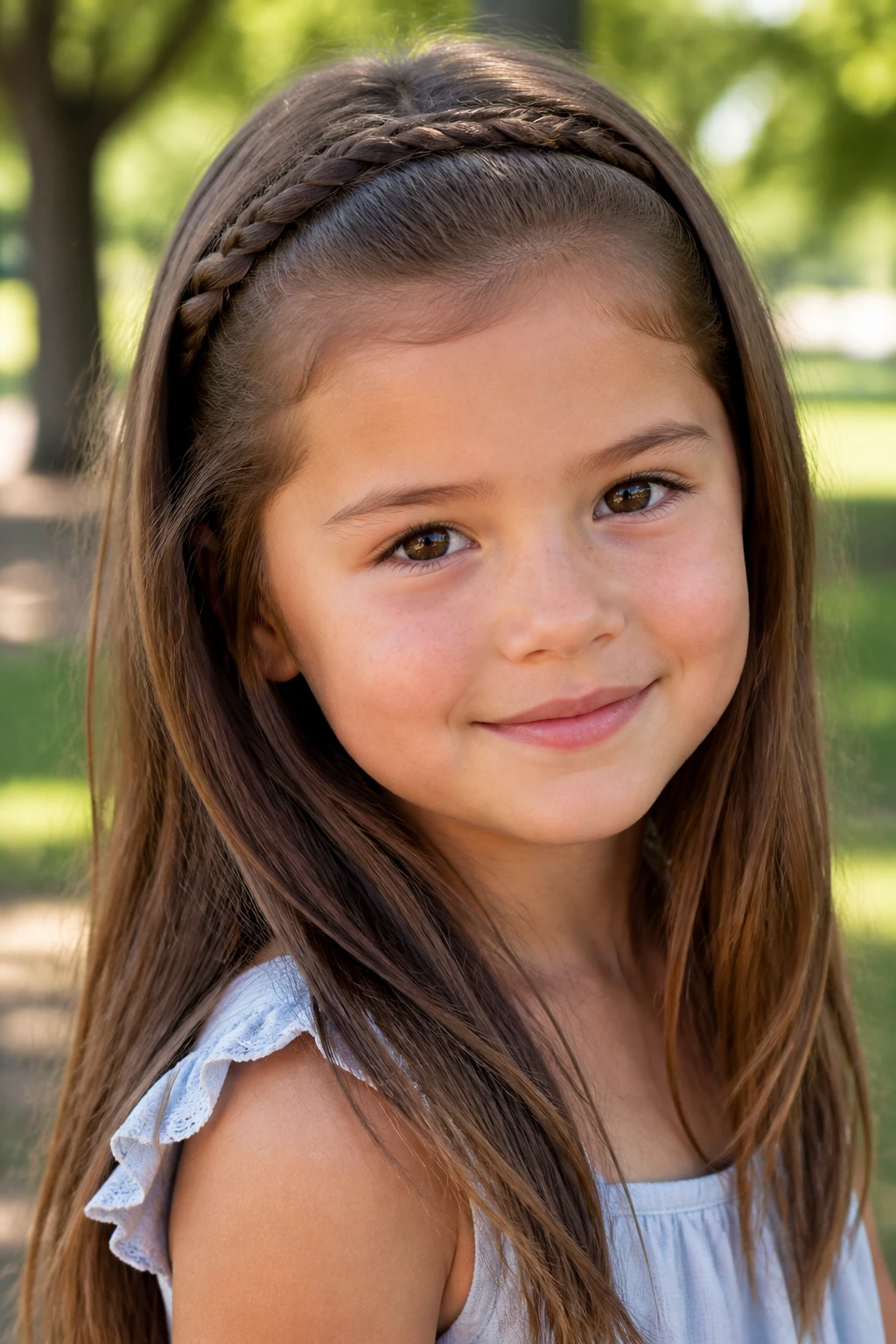 Brunette girl with braided headband across crown, hair left down