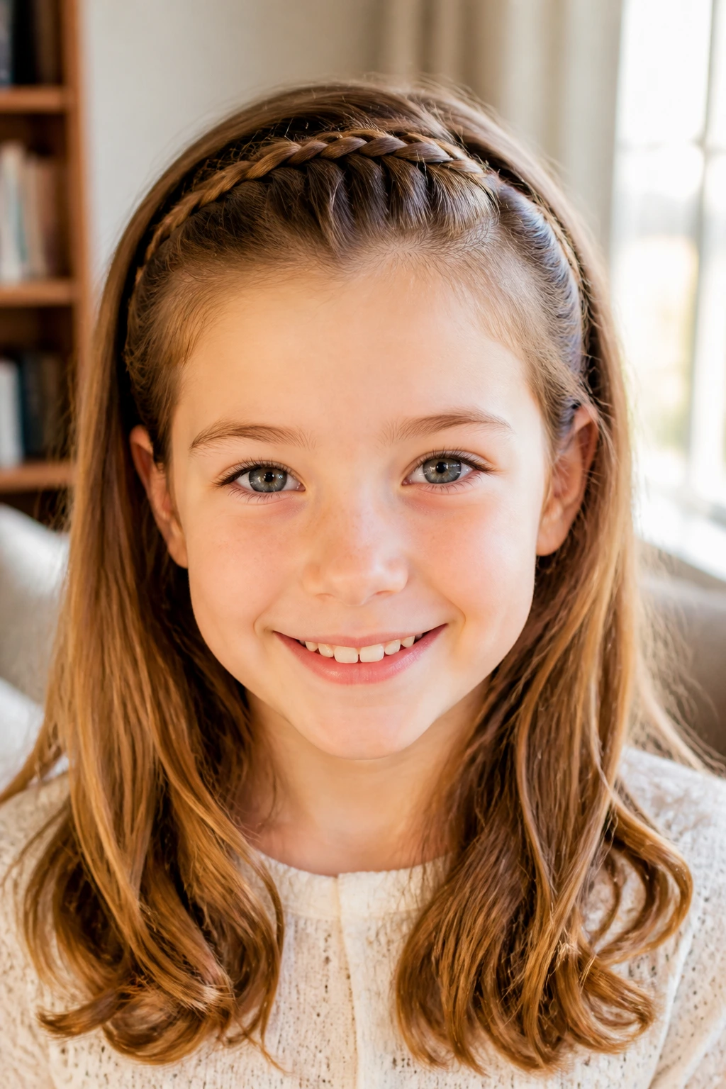 Close-up of a child wearing a braided headband across the hairline