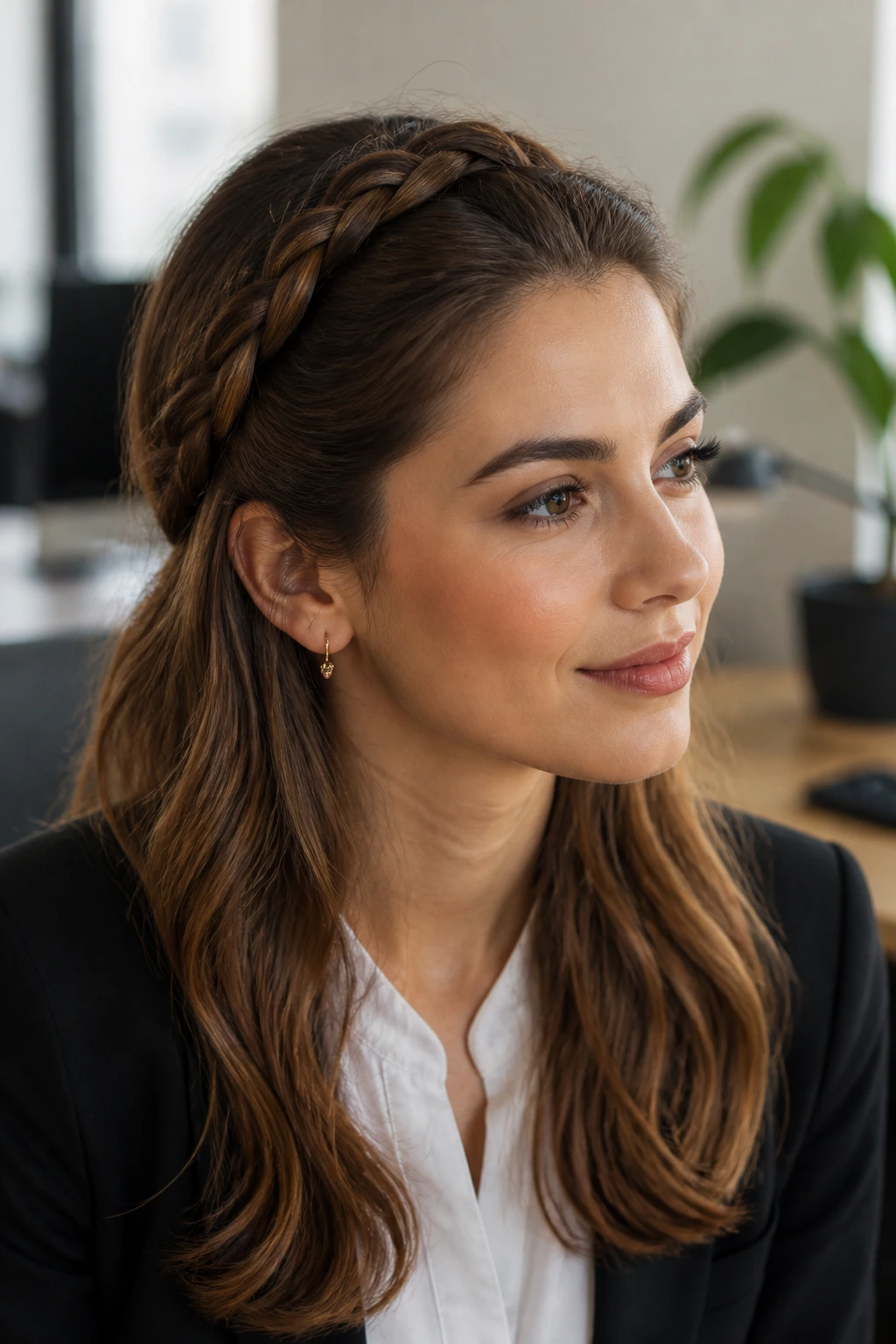 Portrait of a woman wearing a braided headband crown in an office