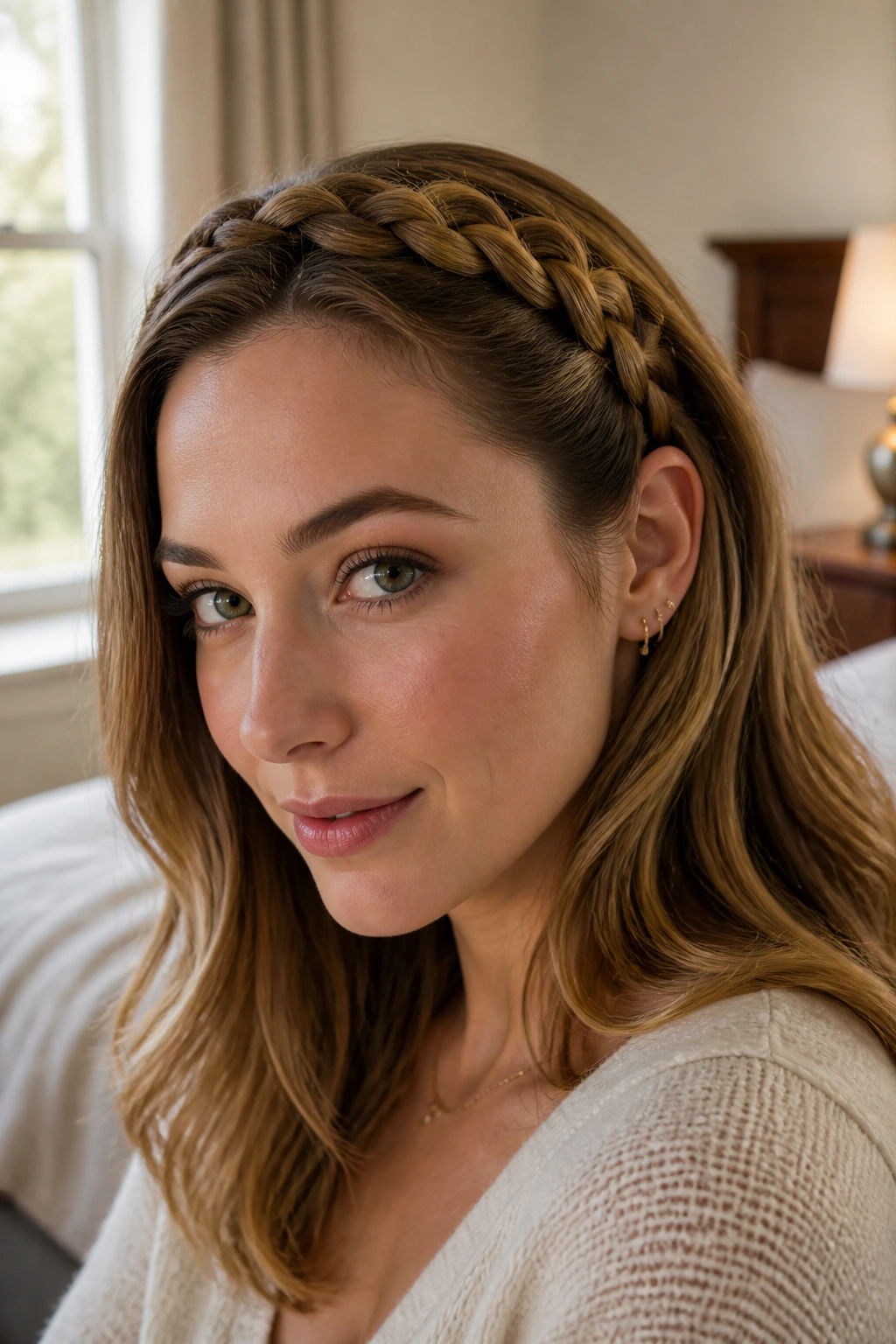 Close-up of real woman wearing a braided headband around the crown, hair tucked behind the ear.