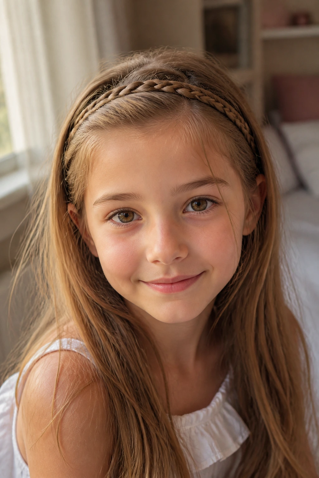Close-up of a real girl with a braided headband across the front hairline