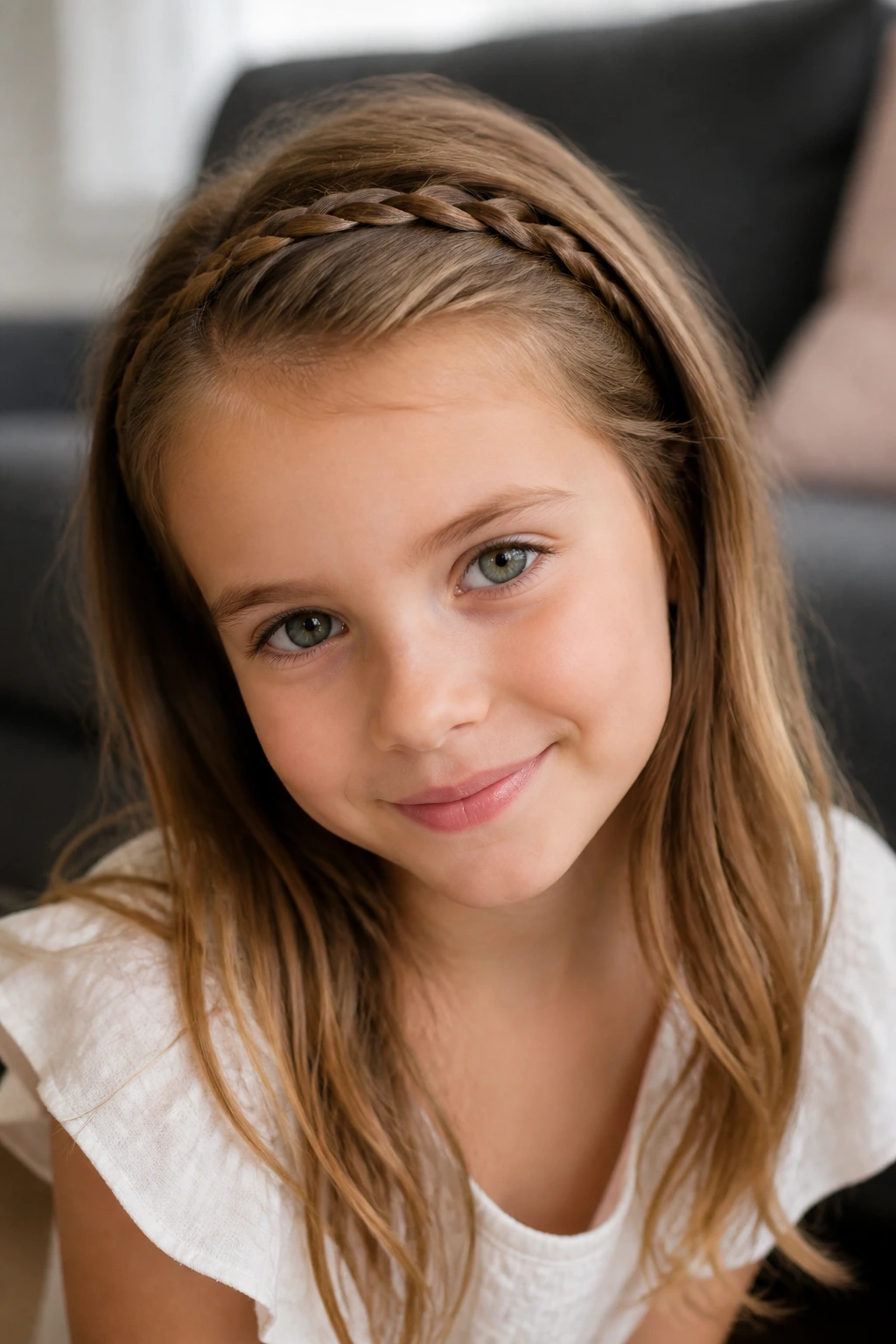 Close-up of a real girl wearing a braided headband with loose hair