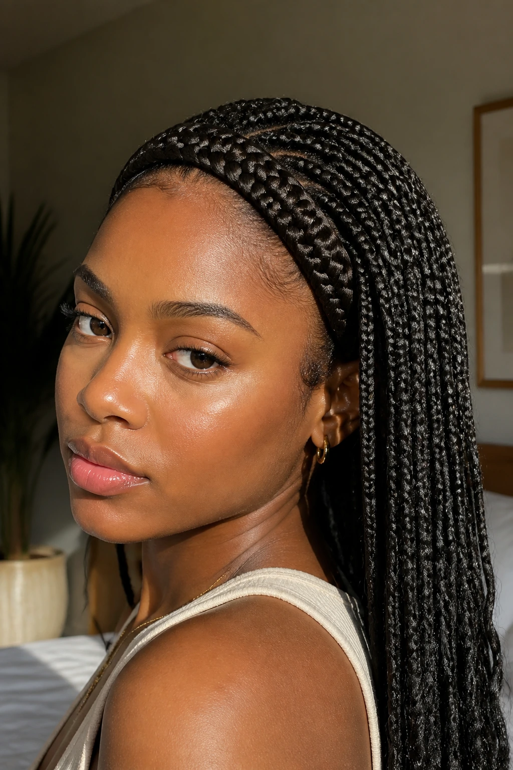Real woman wearing a braided headband with loose length of braids