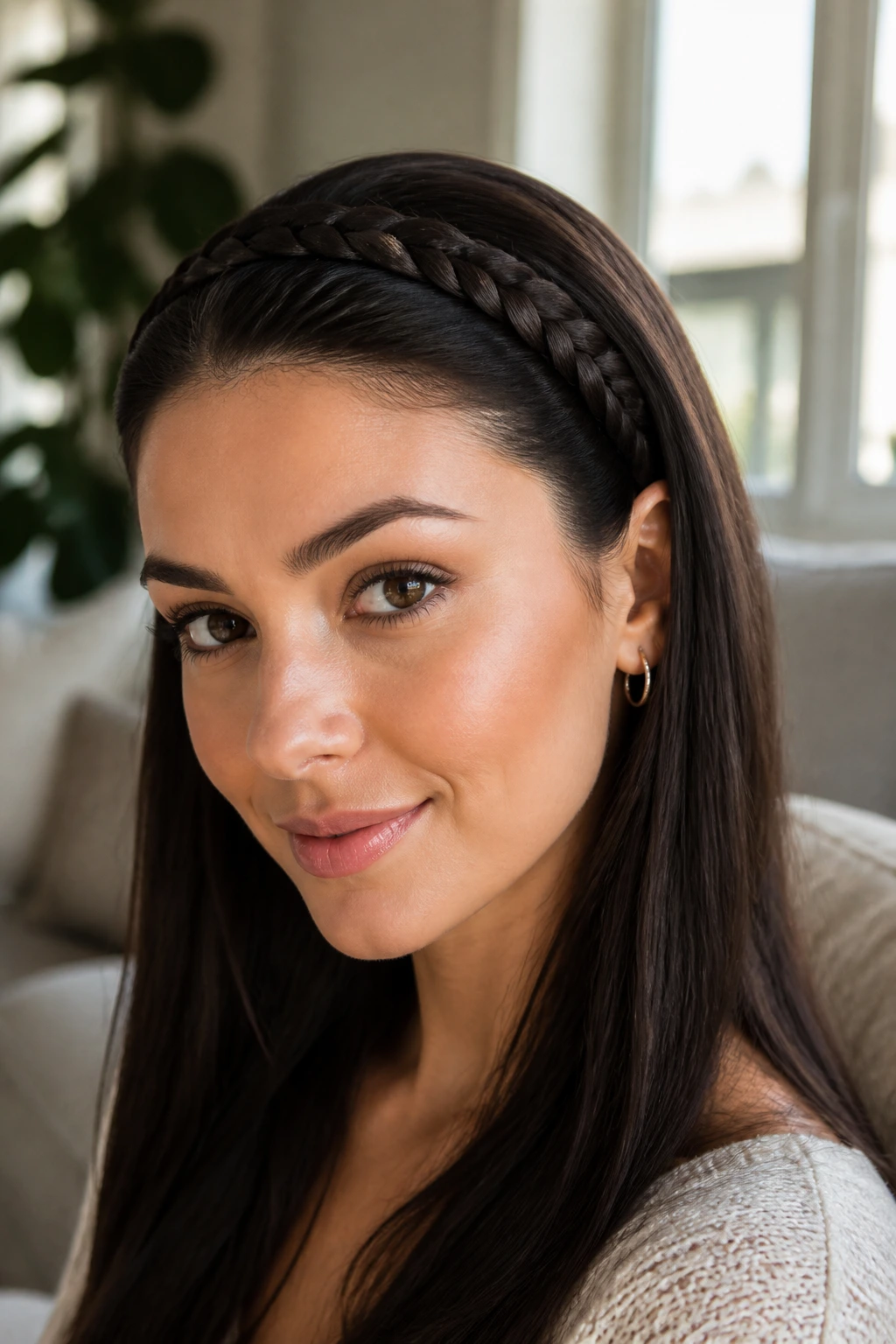 Close-up of a real woman wearing a braided headband across the front