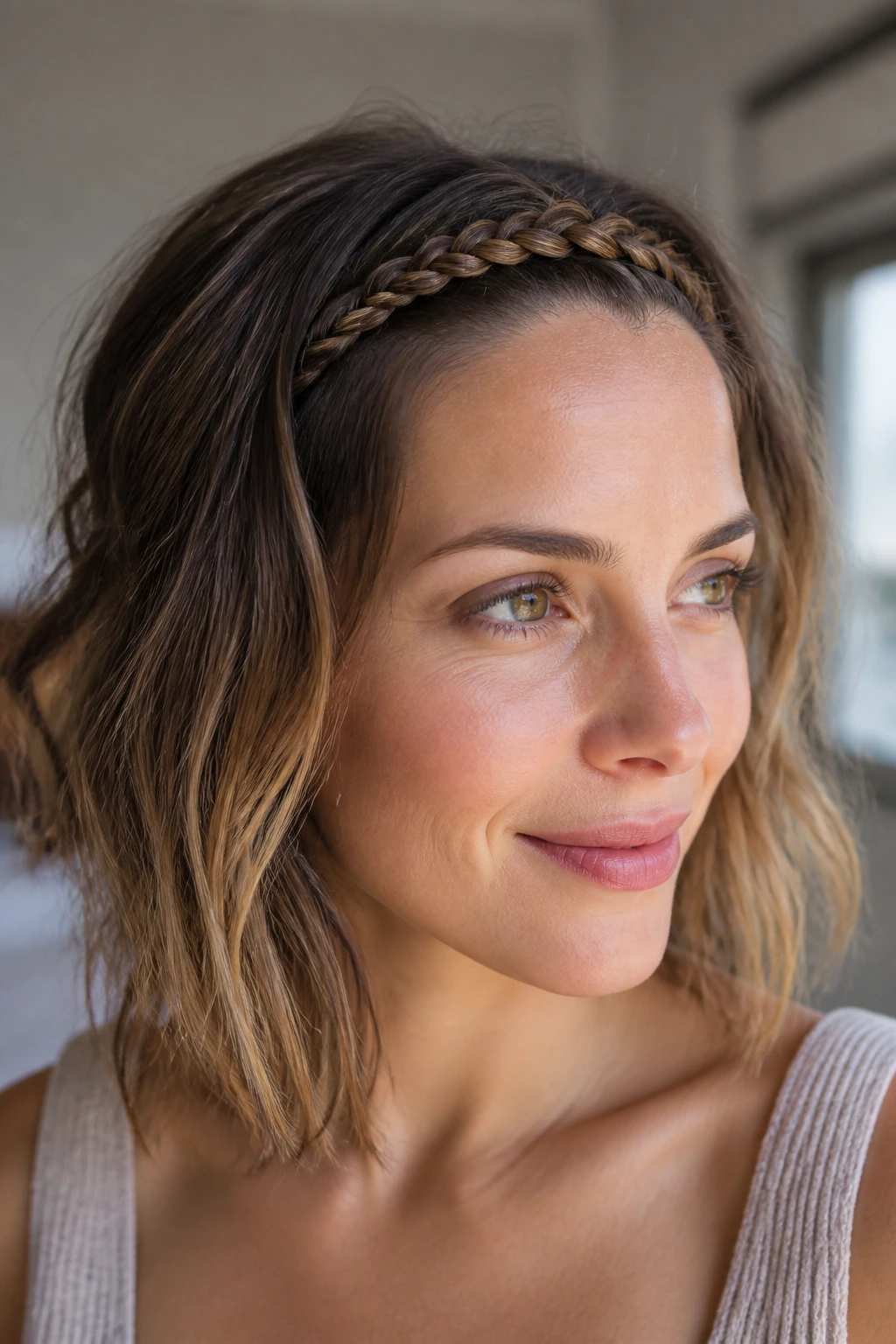 Close-up of a real person with a braided headband across the hairline