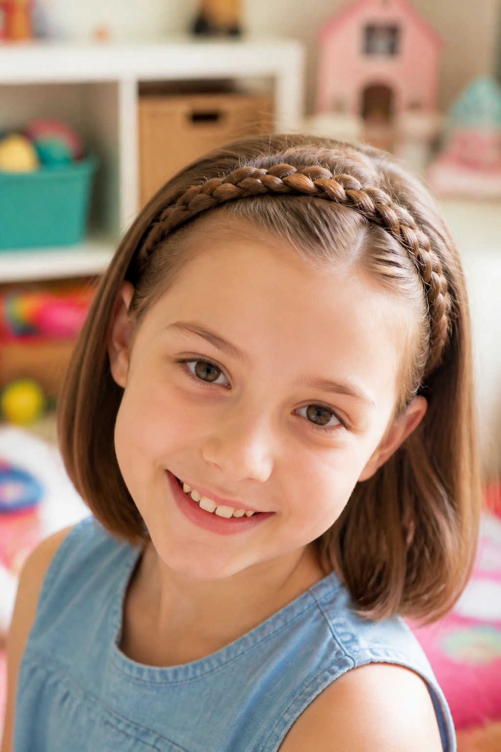 Child with braided headband along the hairline keeping front pieces off the face