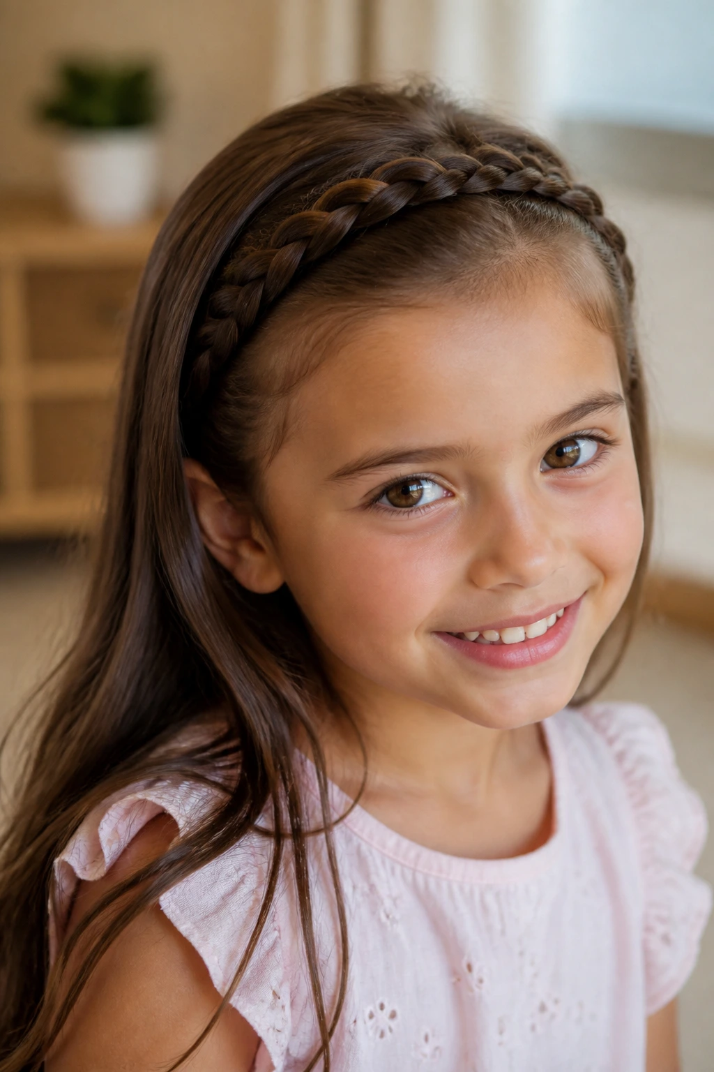 Close-up of a girl wearing a braided headband across the front