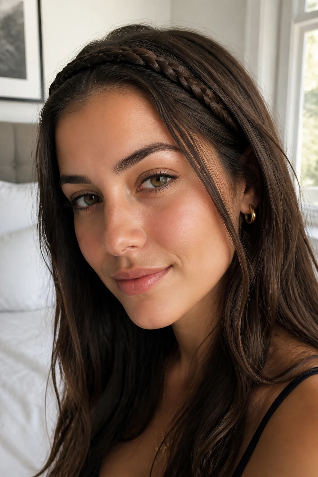 Close-up portrait of a woman with a braided headband in warm room light