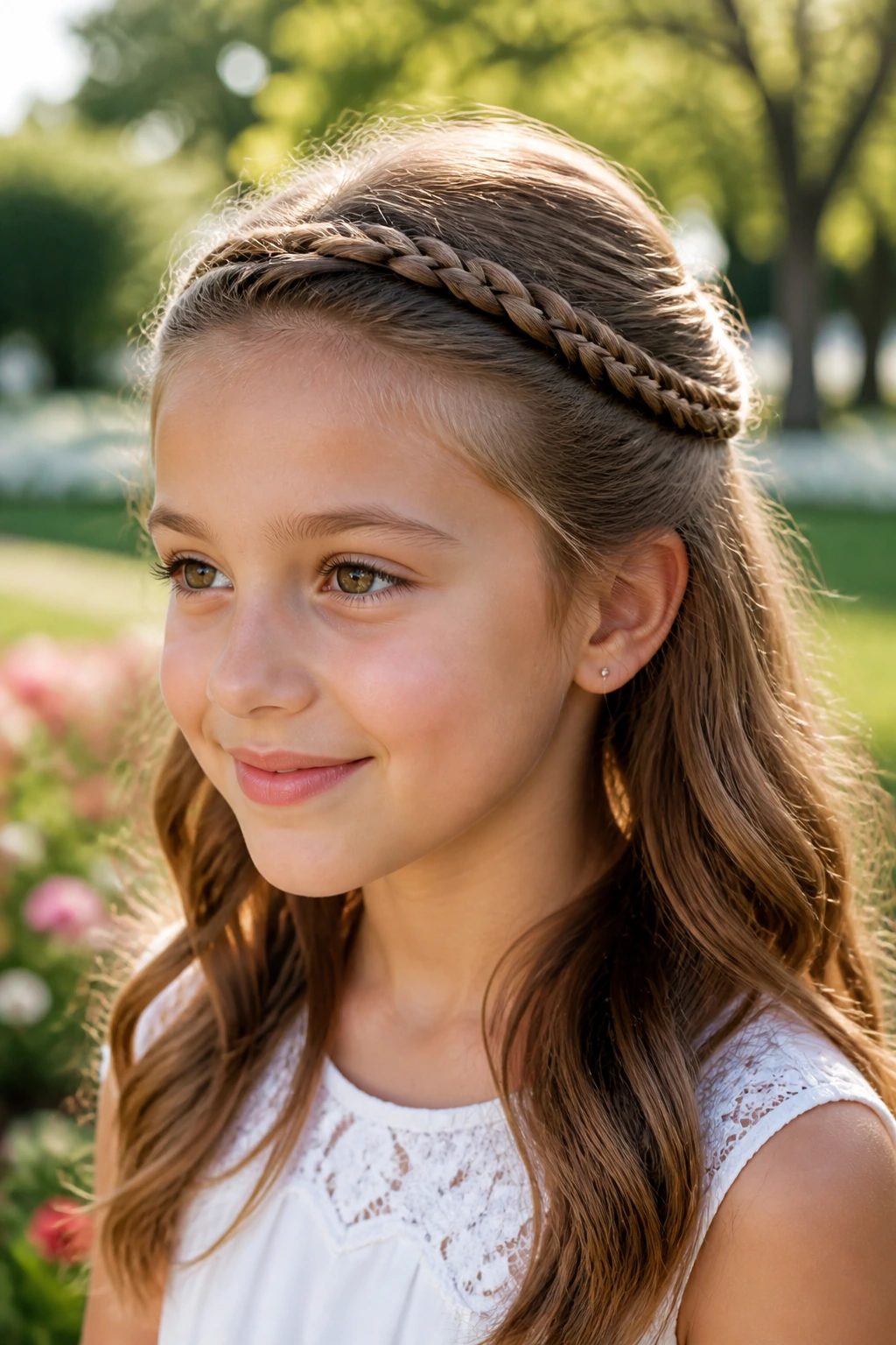 Child with braided headband half-up hairstyle