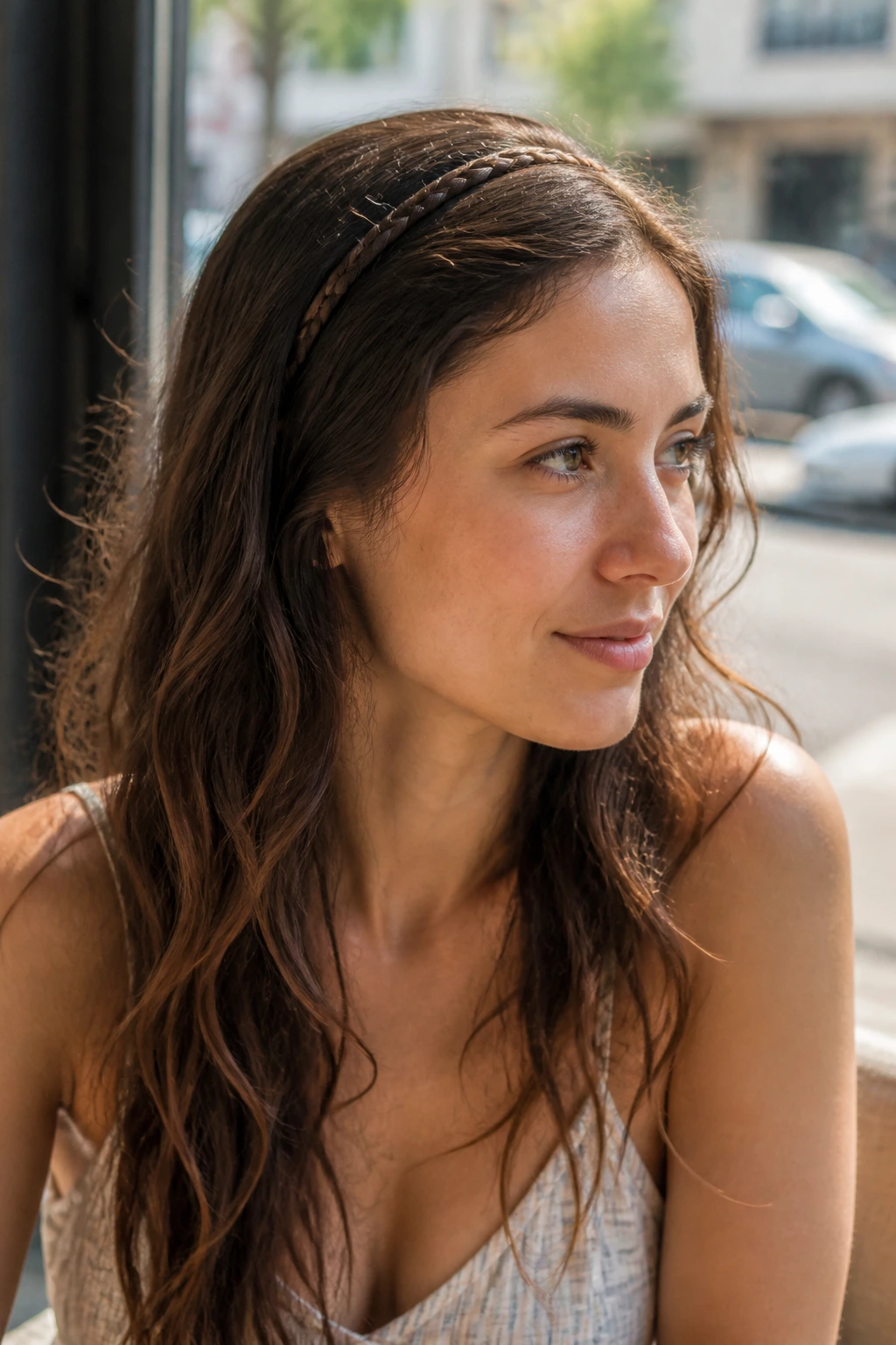 Close-up of a real woman wearing a braided headband with loose hair length