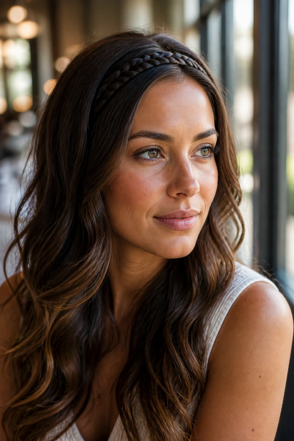 Close-up of a woman with a braided headband and loose waves
