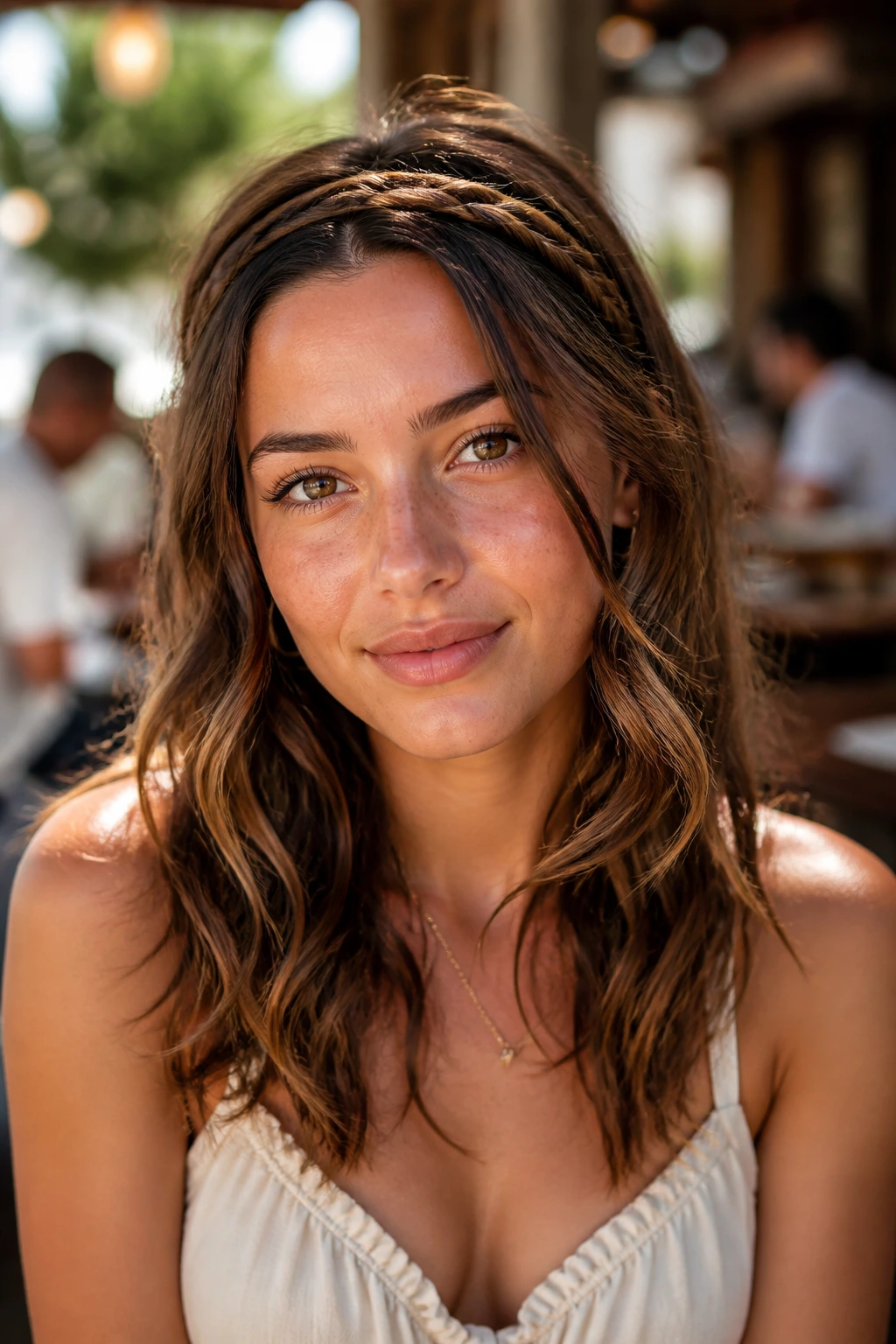 Front view of a woman with a braided headband and loose waves in sunny outdoor cafe