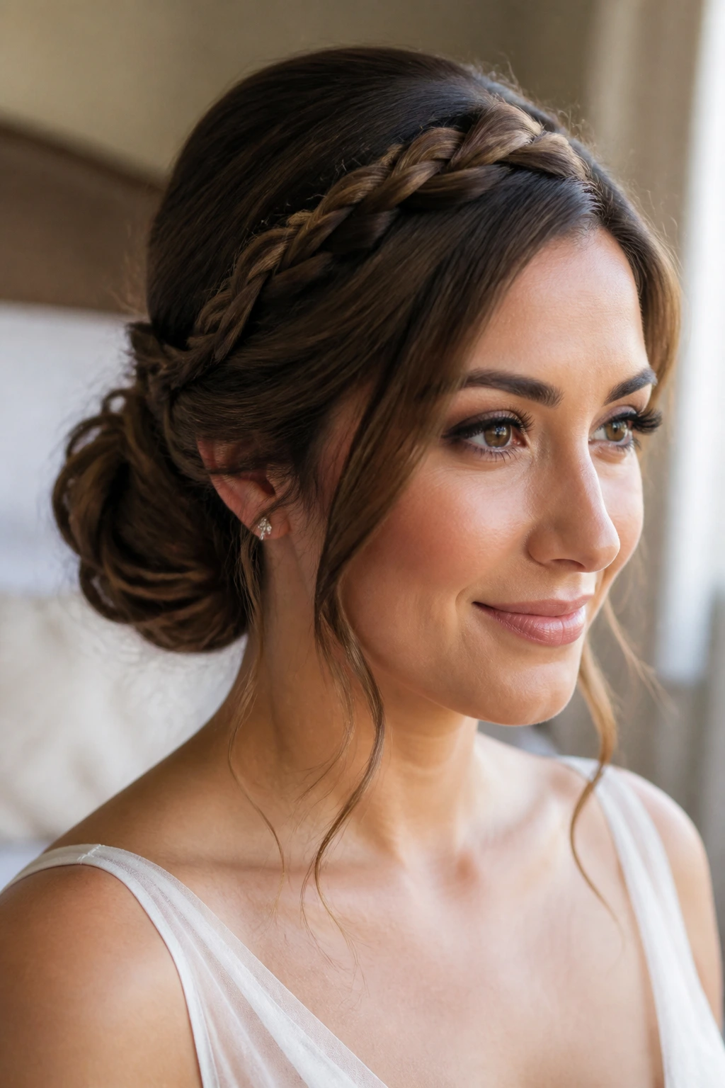 Close-up of a real woman with a braided headband and low chignon in warm window light