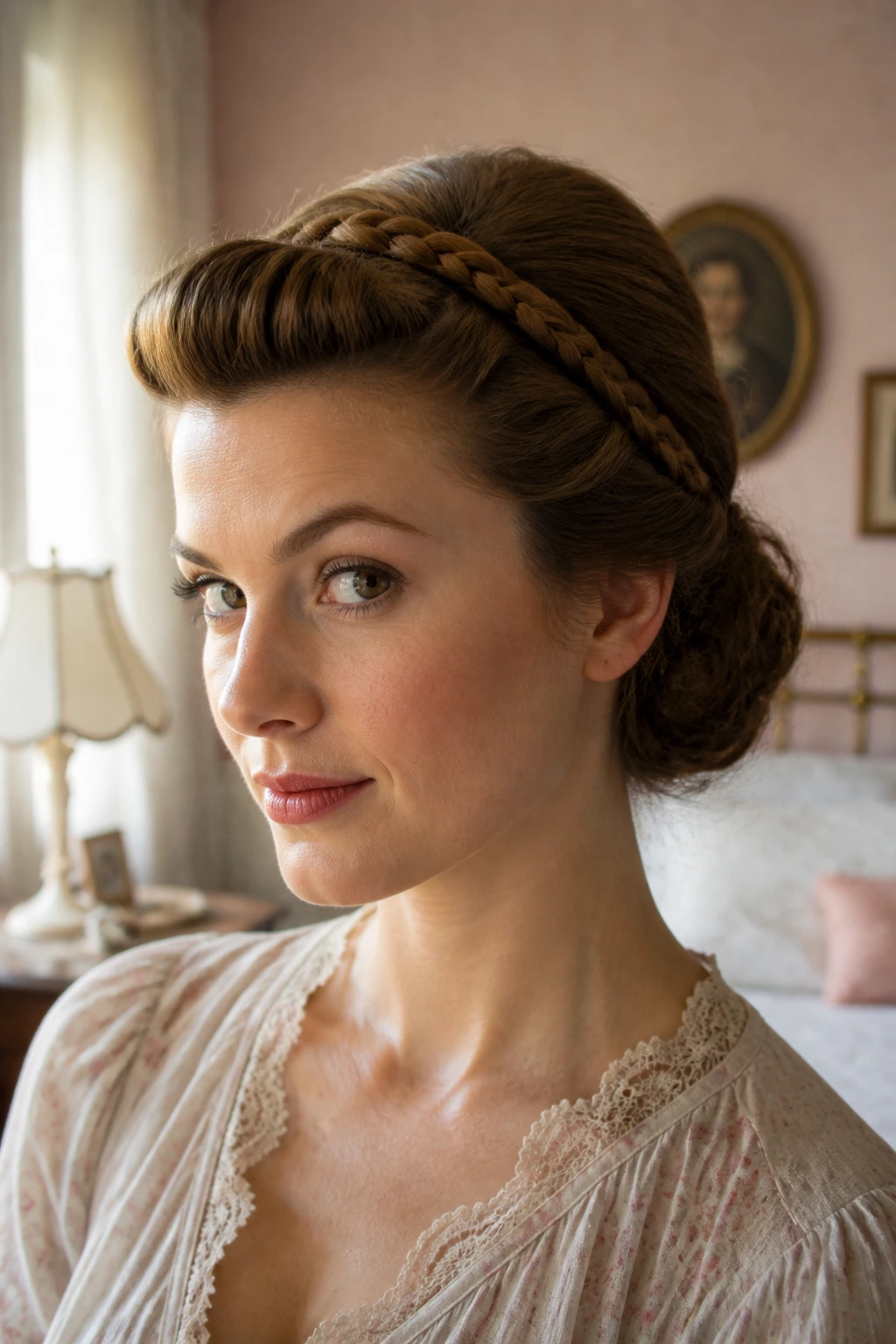 Real woman with braided front headband and rolled hair in a vintage setting