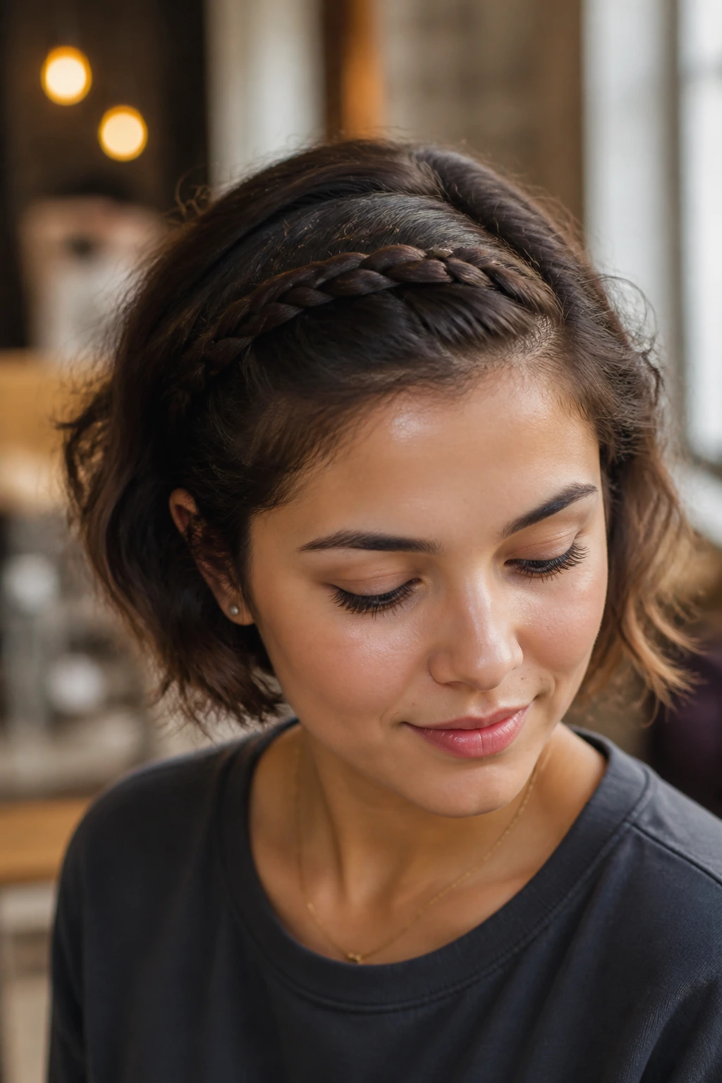 Close-up of a real person wearing a braided headband on short hair