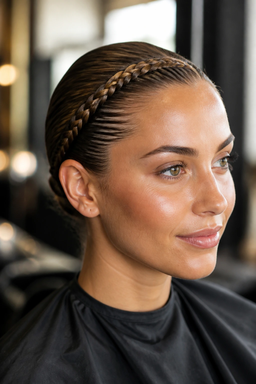 Close-up of real woman with braided headband slick back hairstyle