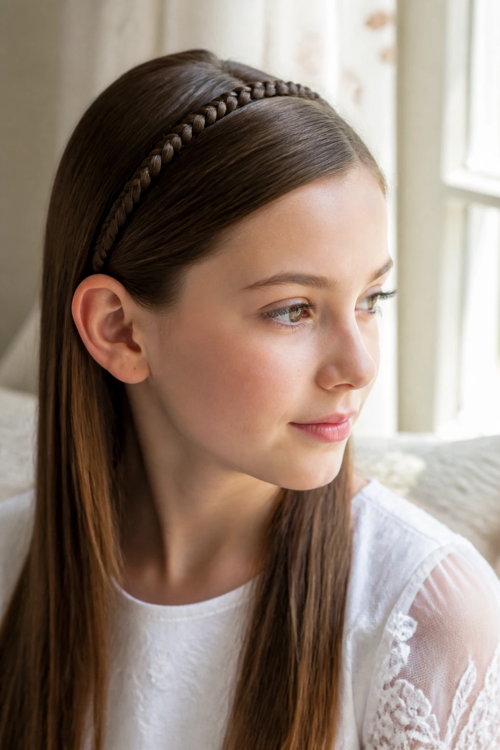 Close-up of a real girl wearing a slim braided headband over straight hair.