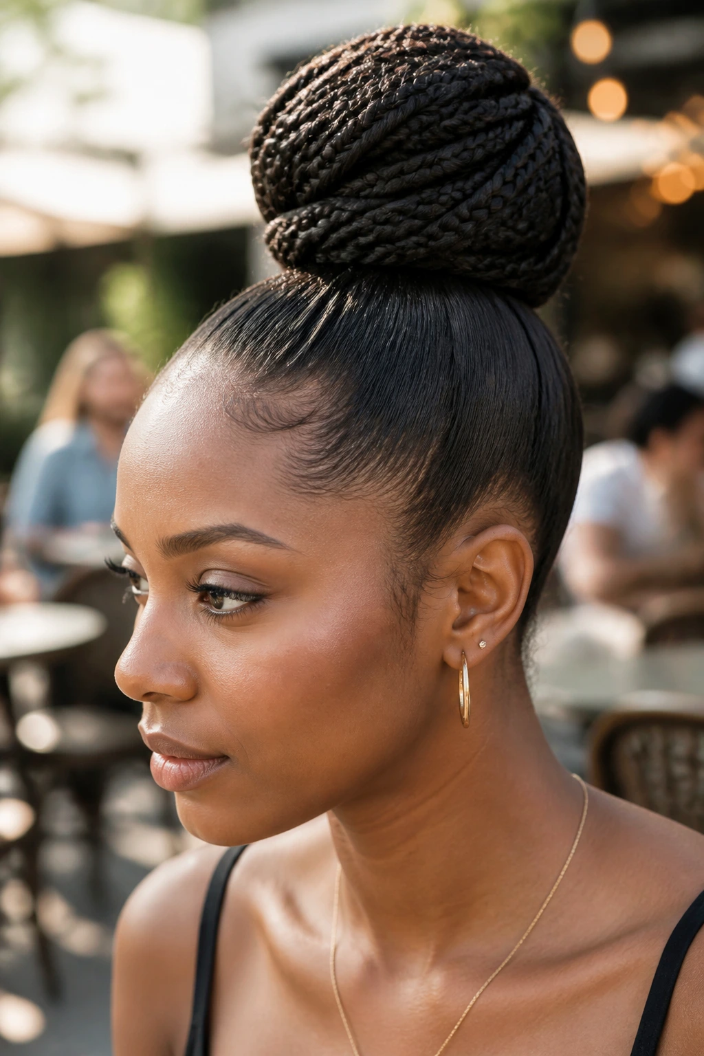 Close-up of braided high bun with a sleek base on a real woman outdoors