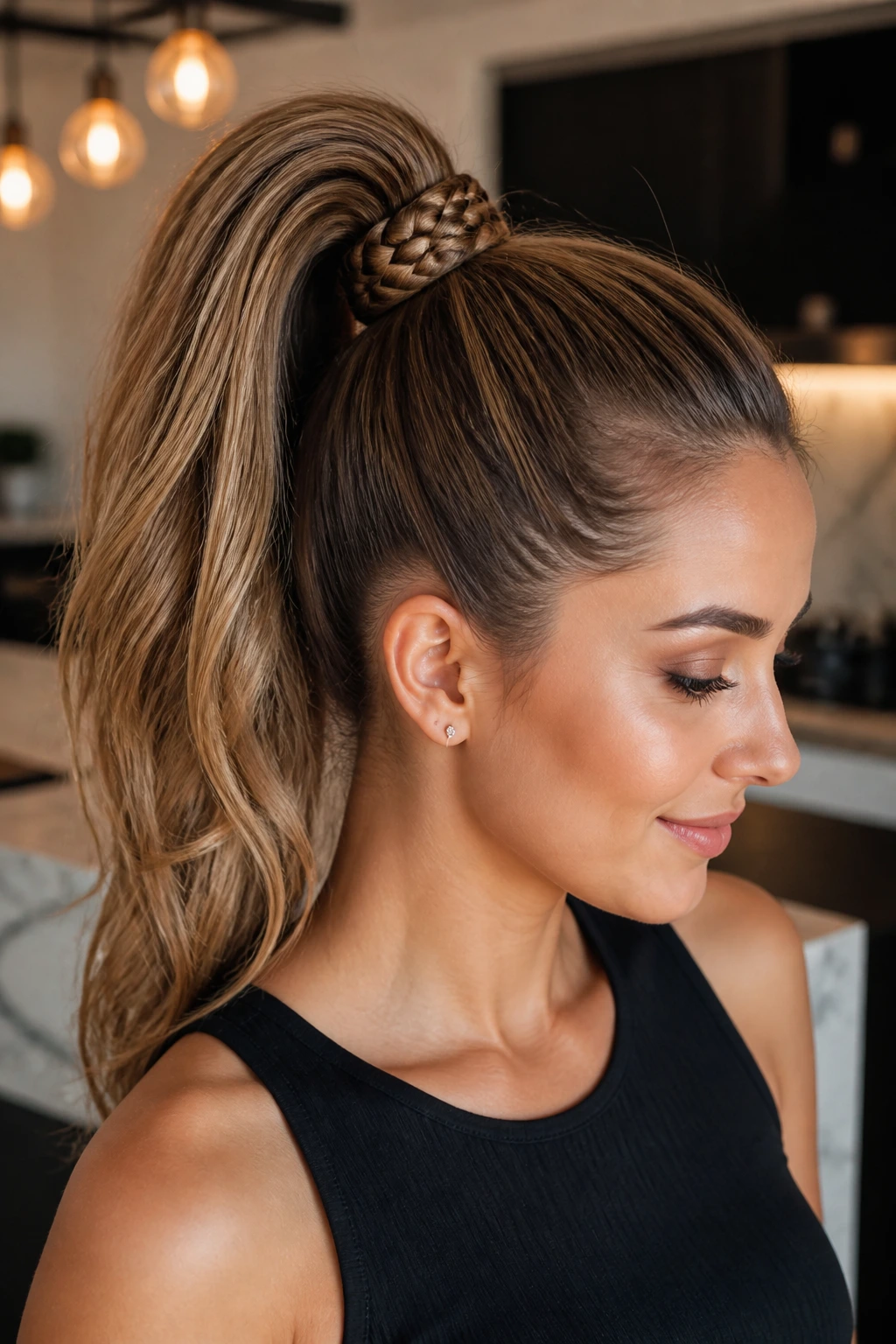 Close-up of a woman with a braided high ponytail wrap at the crown.