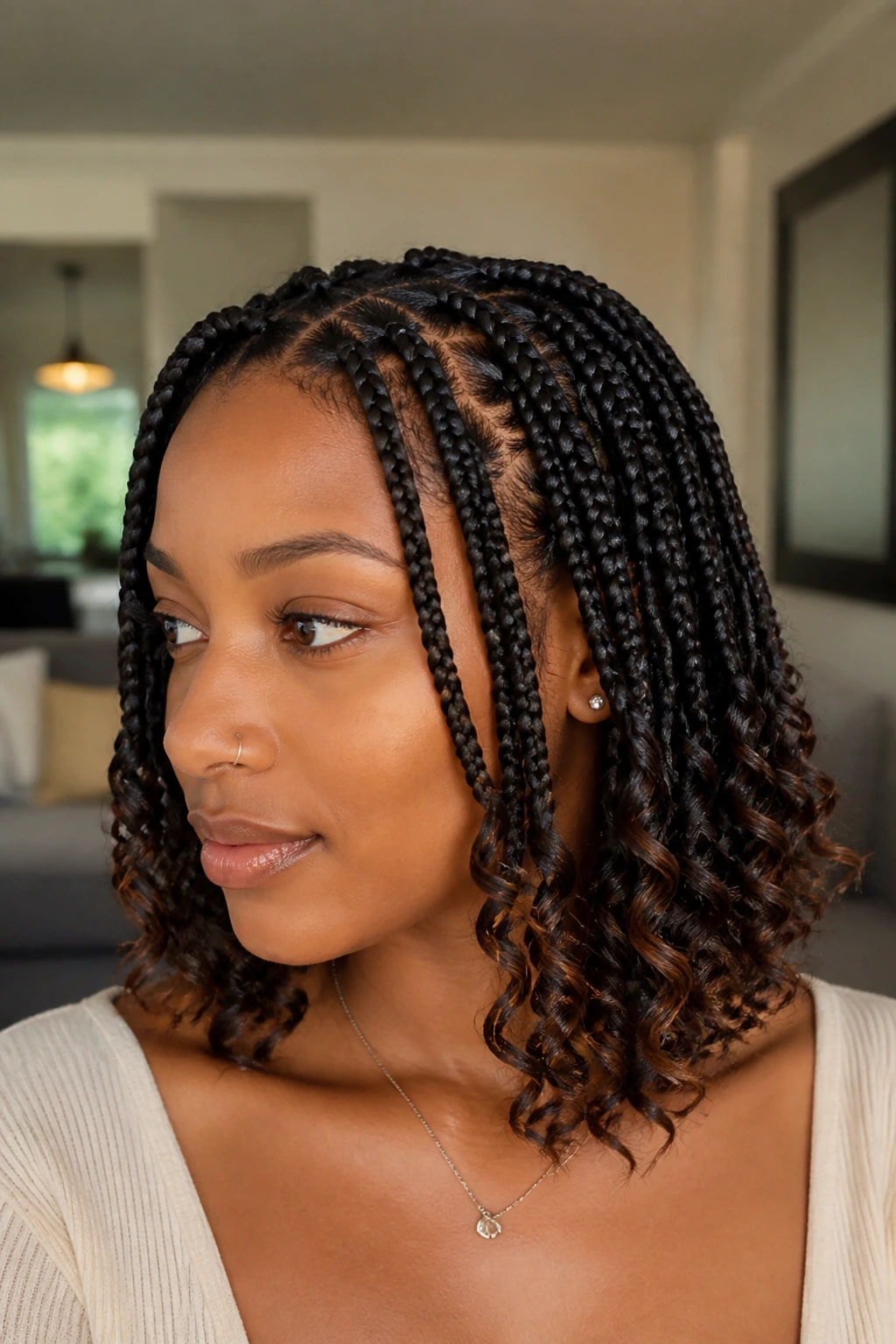 Close-up of a real woman with a braided lob and curly ends in a cozy living room