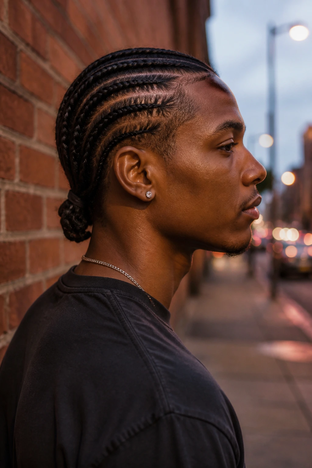 Profile view of a person with braided loc rows along the scalp.