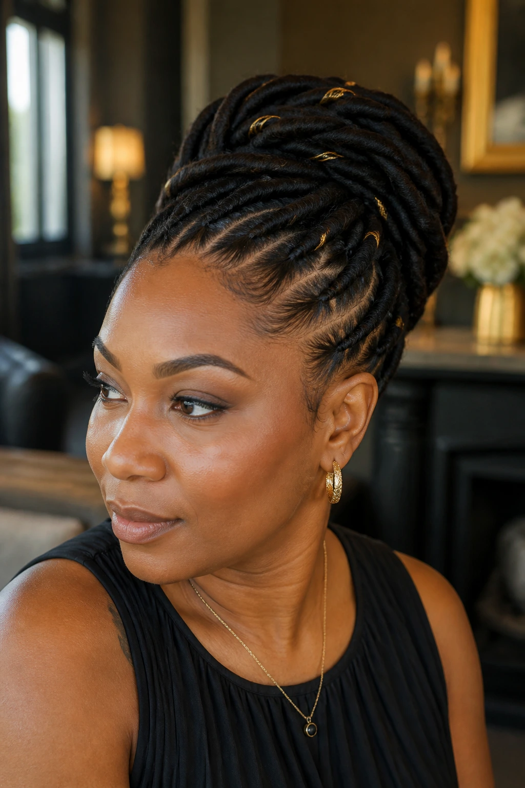 Close-up of a woman with braided loc updo and tucked ends