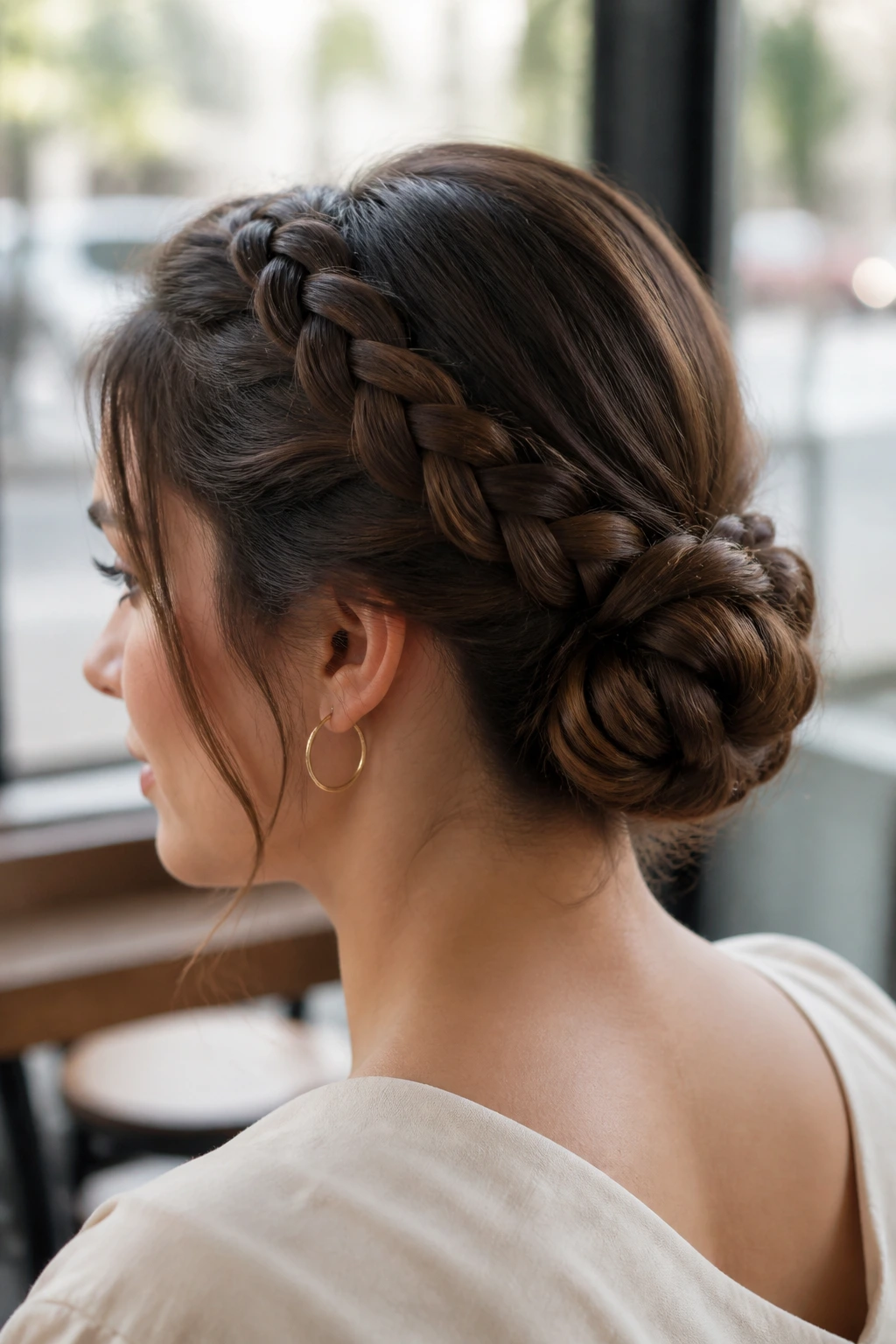 Close-up portrait of a woman with a braided low bun in a sunlit cafe