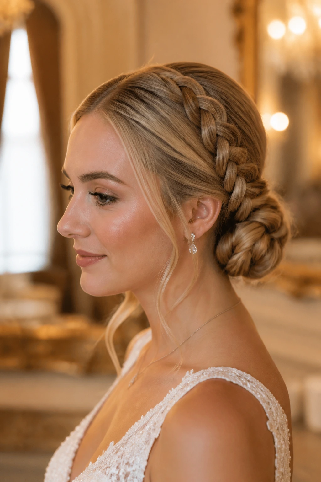 Bride with braided low bun and clean center part