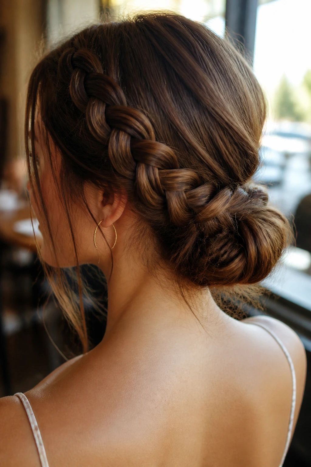 Close-up of a real woman with a braided low bun at the nape