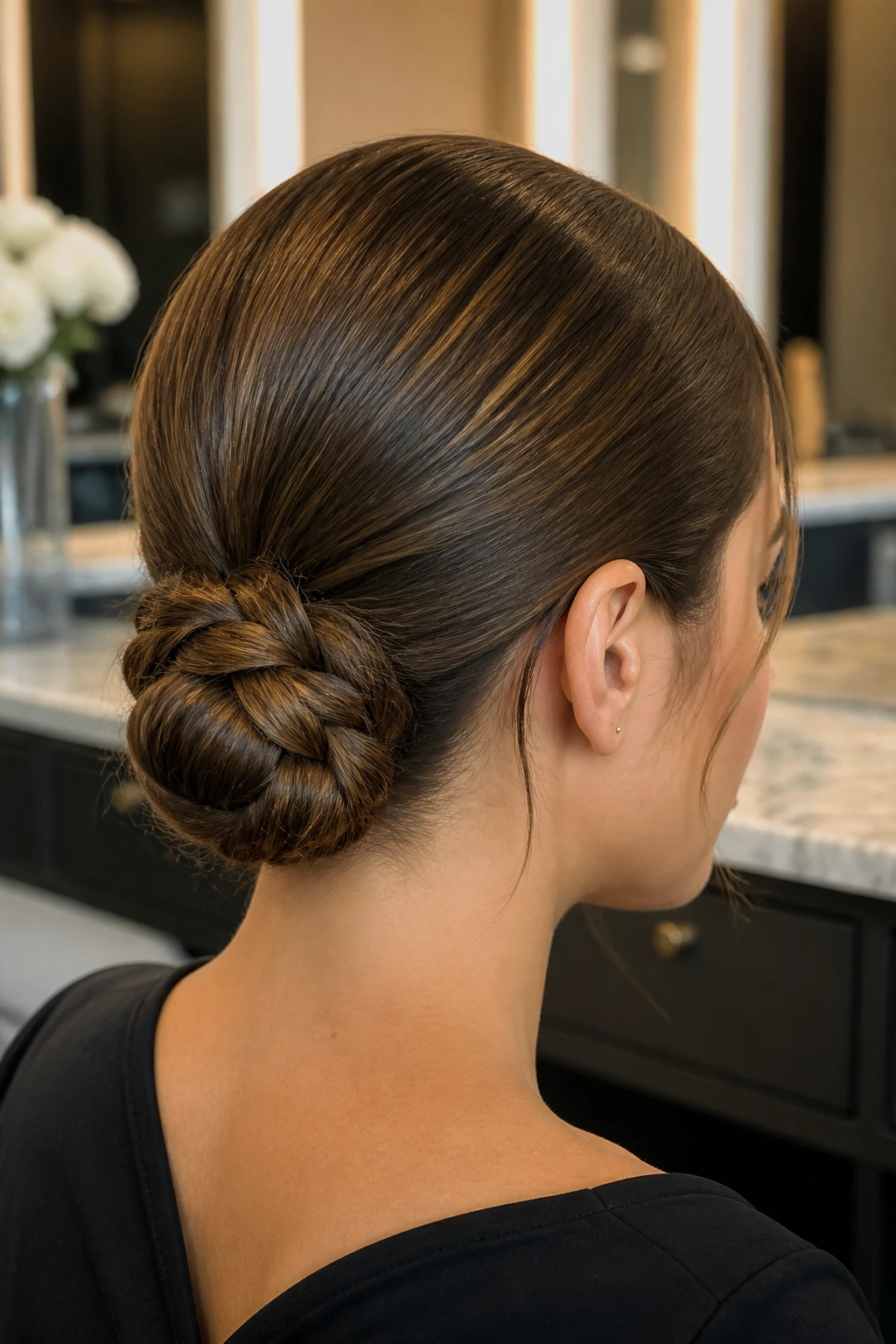 Close-up of a woman with a braided low bun
