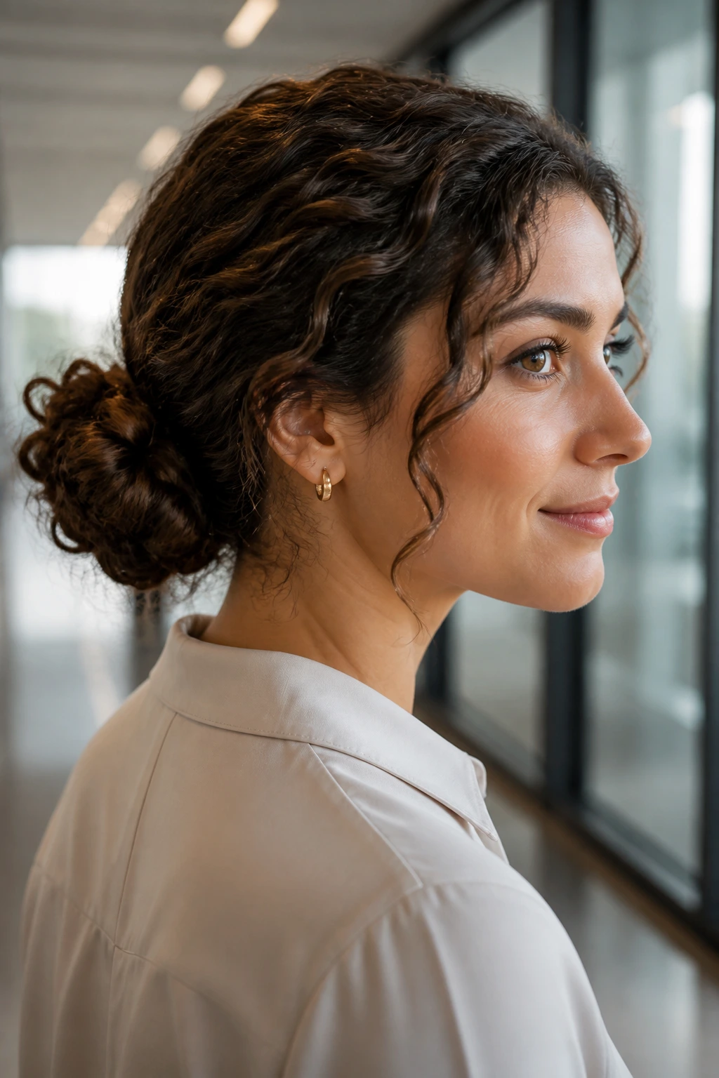 Close-up of a woman with a braided low bun at the nape in an office hallway