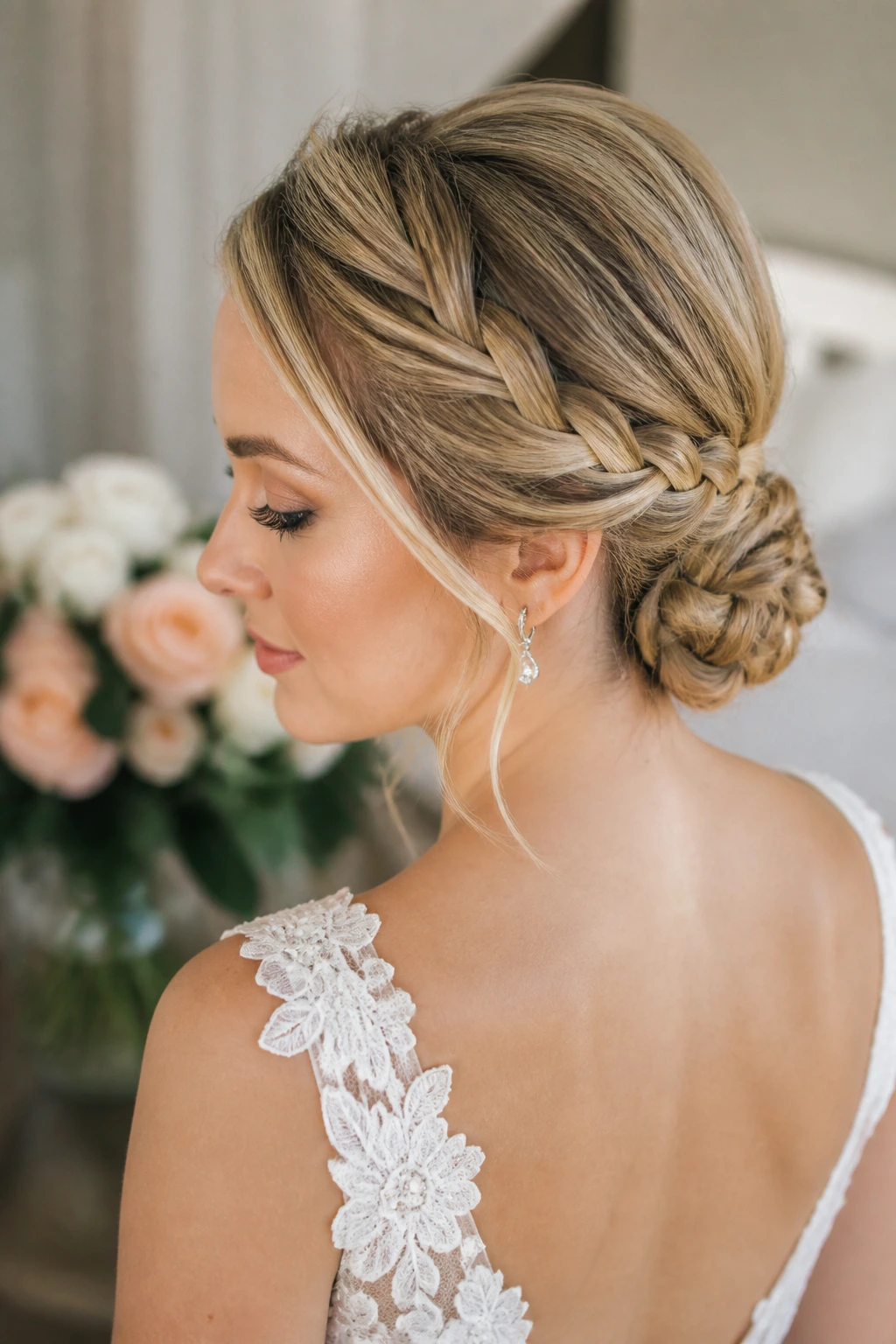 Close-up of a bride's head with a braided low bun at the nape
