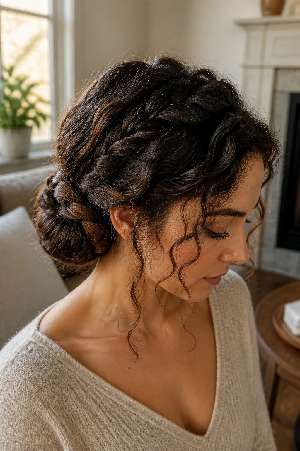 Close-up of a real woman with a braided low bun
