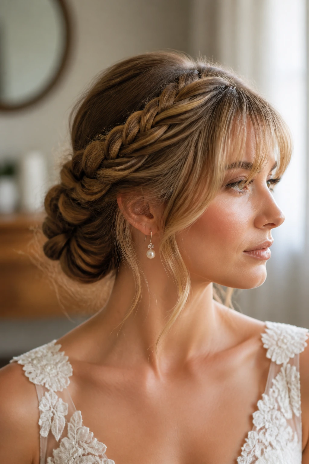 Close-up of braided low bun with feathered fringe on a real bride