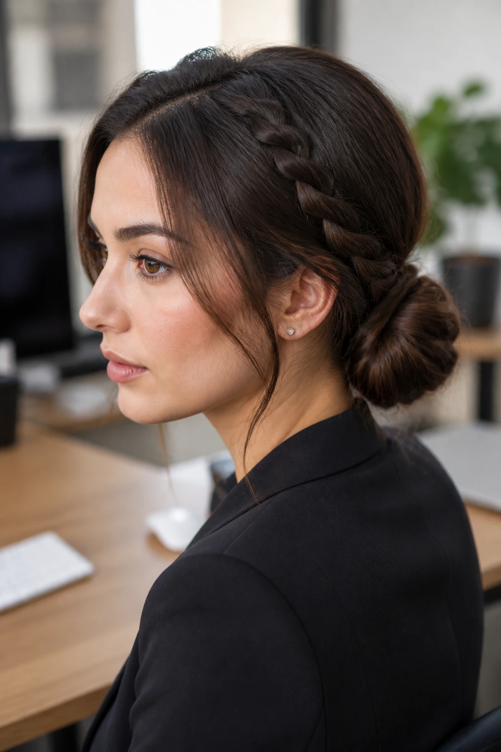 Close-up of a woman with braided low bun in an office