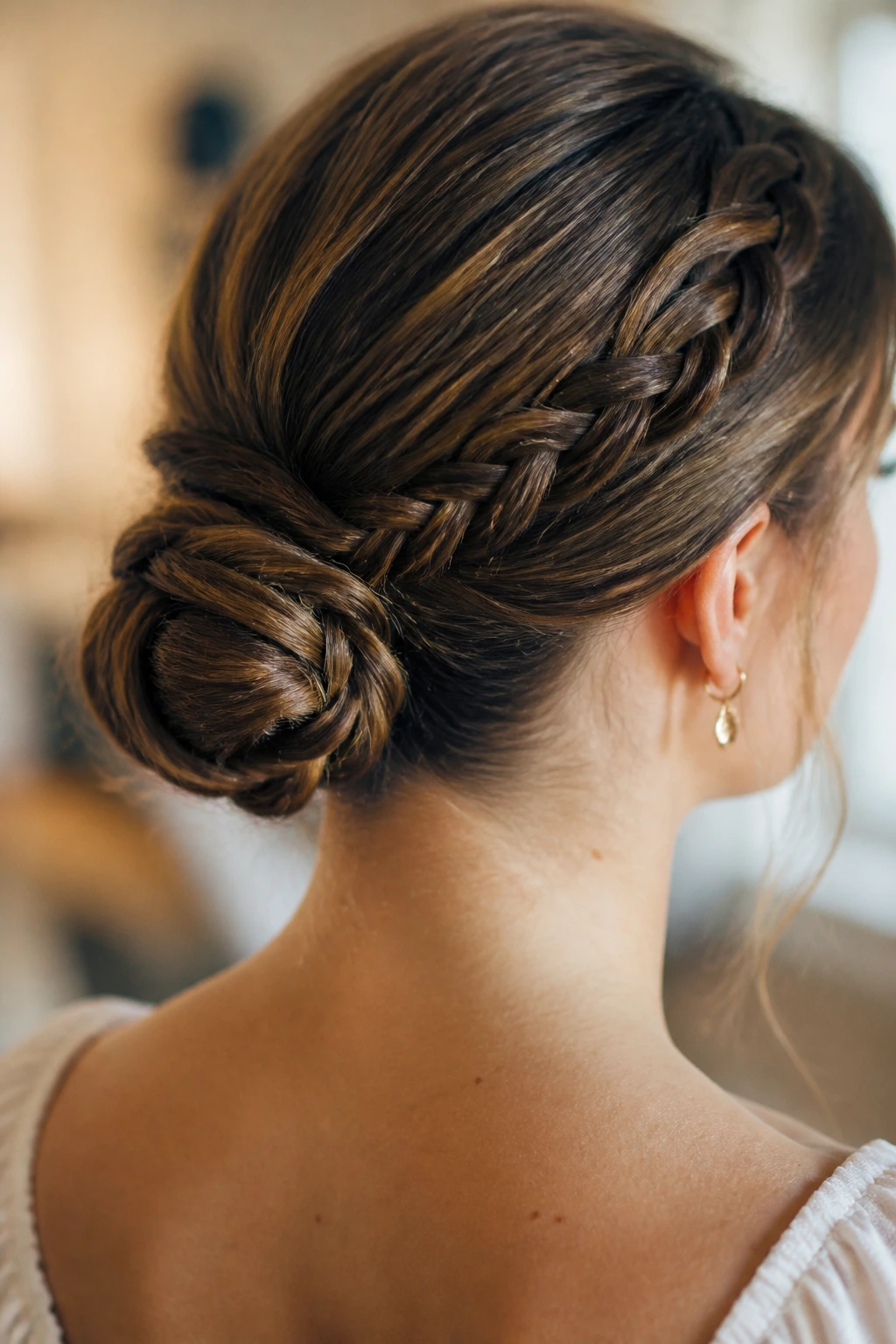 Close-up of a real woman with a braided low bun at the nape, neck visible and refined