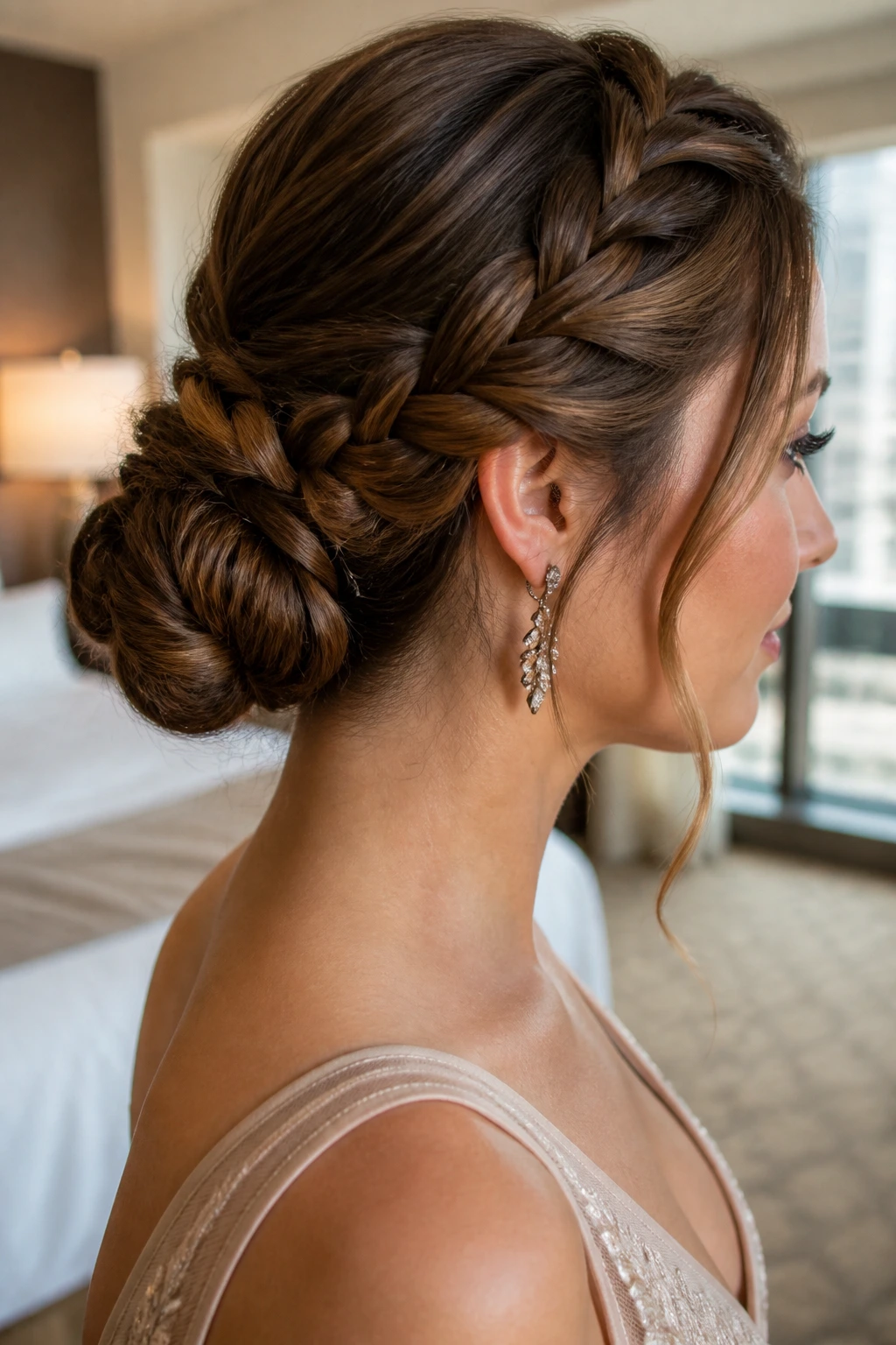 Close-up of real woman with braided low bun at nape