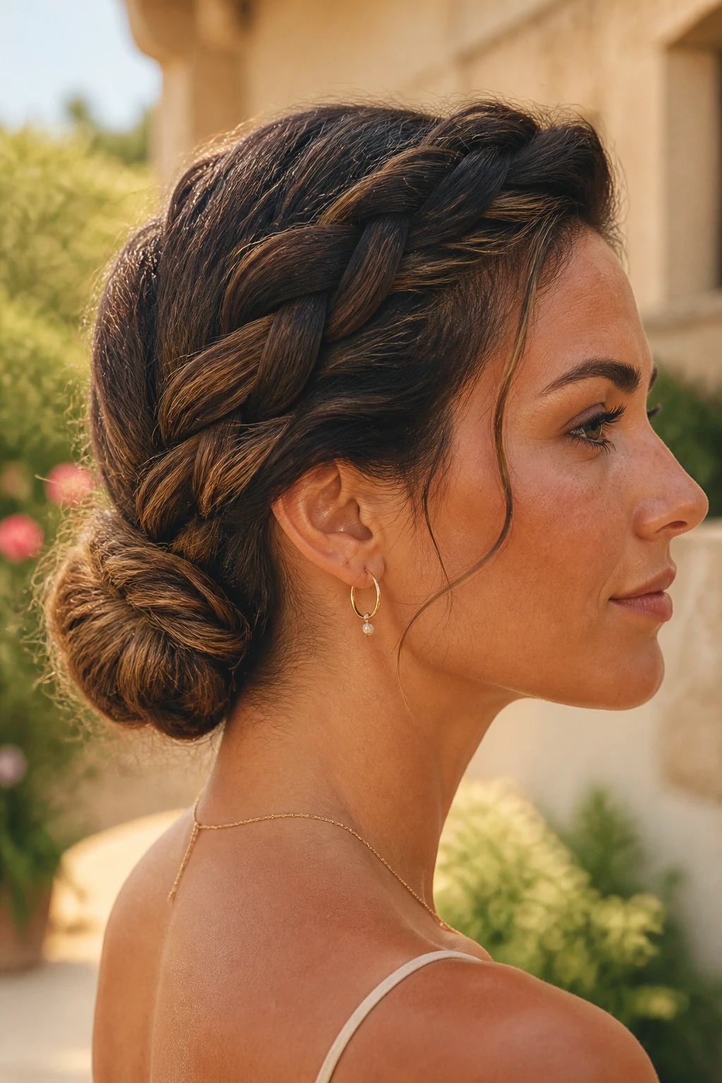 Close-up of a real woman with a braided low bun at the nape