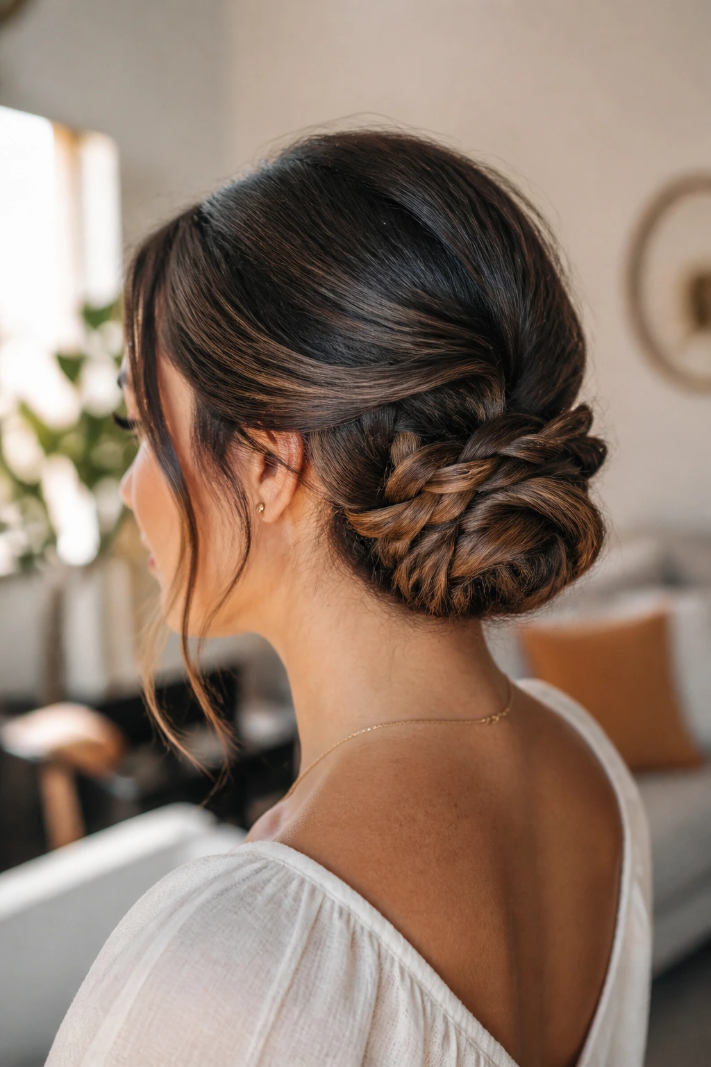 Portrait of a woman with a braided low bun.