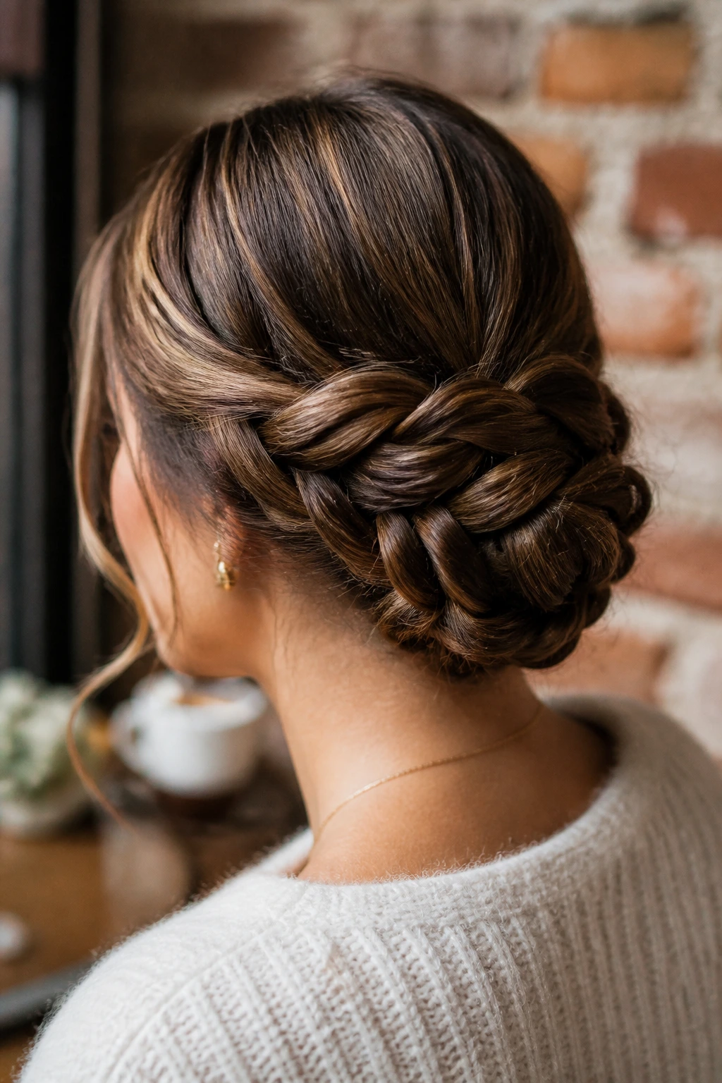 Close-up of a woman with a braided low bun at the nape.
