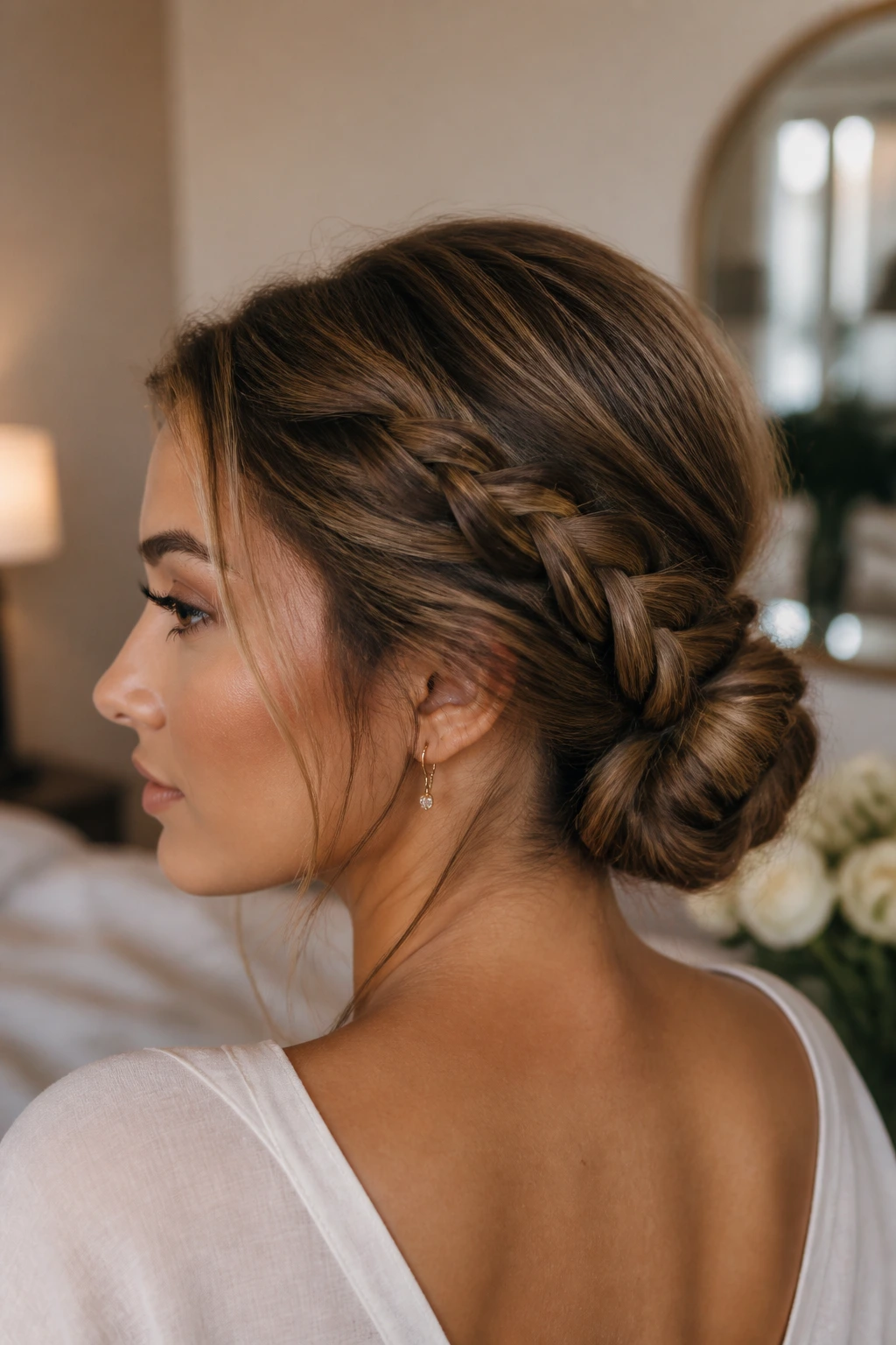 Close-up of a real person with a braided low bun.