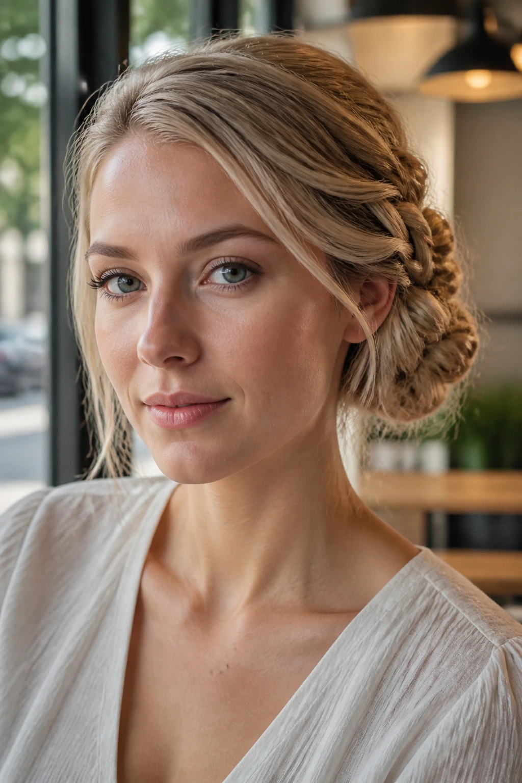 Close-up of a real woman with braided low bun chignon showing a three-strand braid