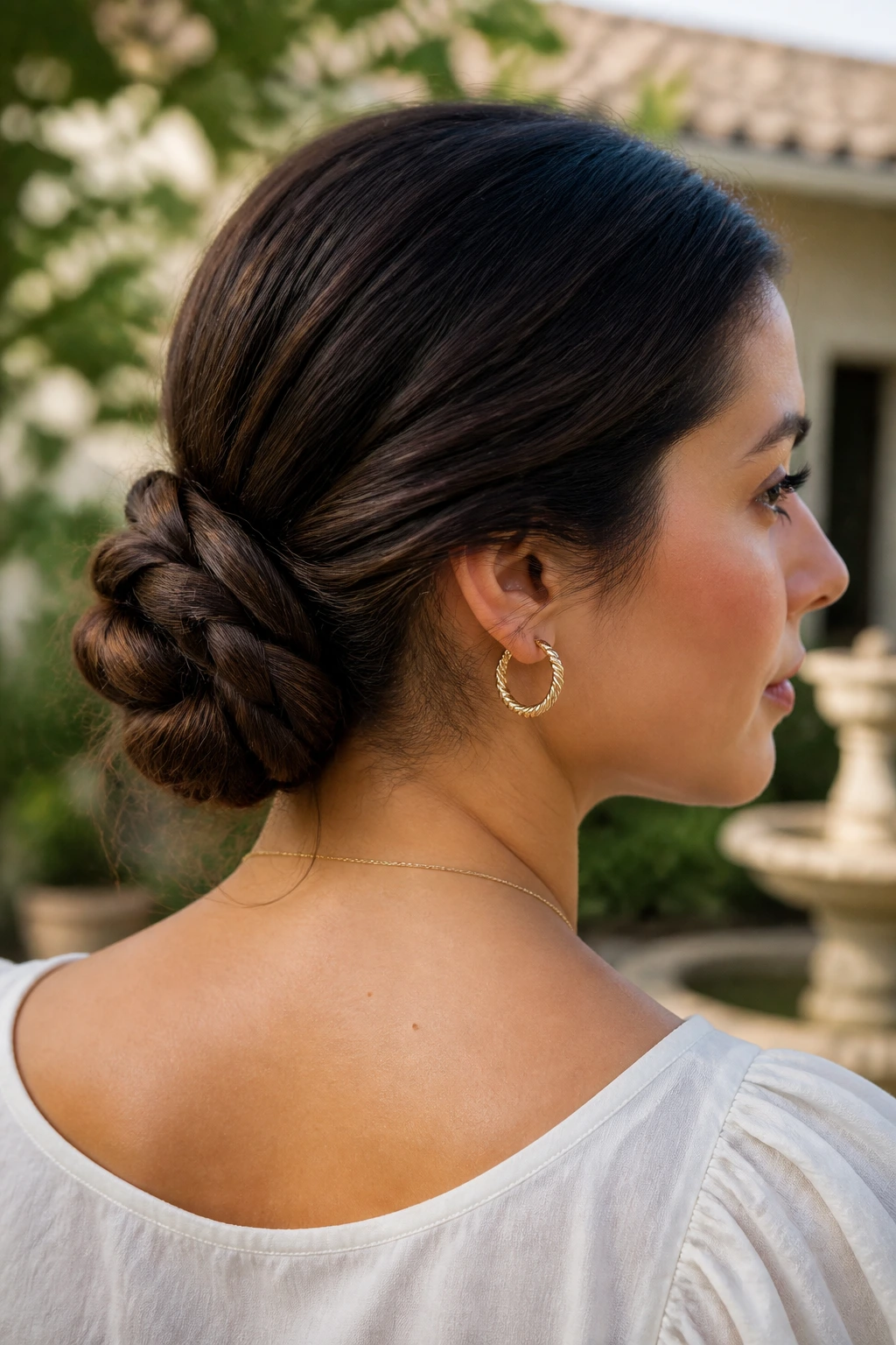 Close-up of a real woman's head showing a braided low bun.