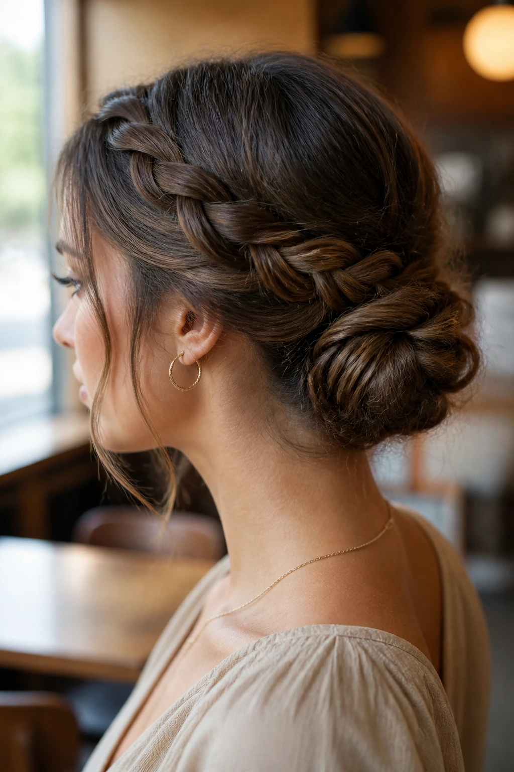 Close-up portrait of a woman with braided low bun.