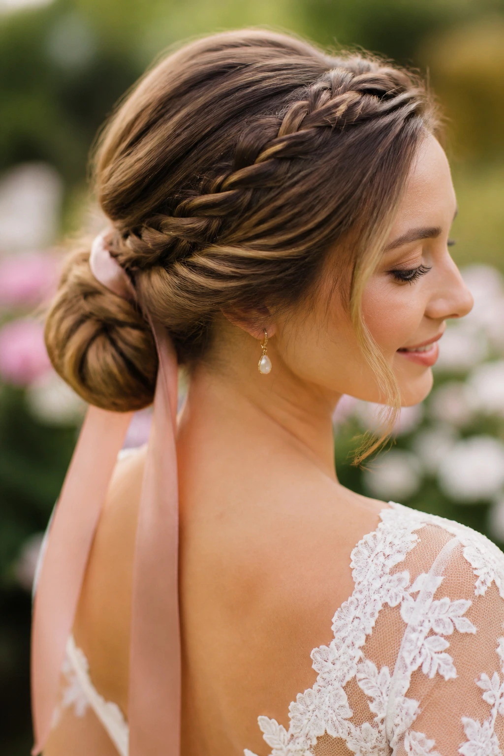 Bride with braided low bun and ribbon accent