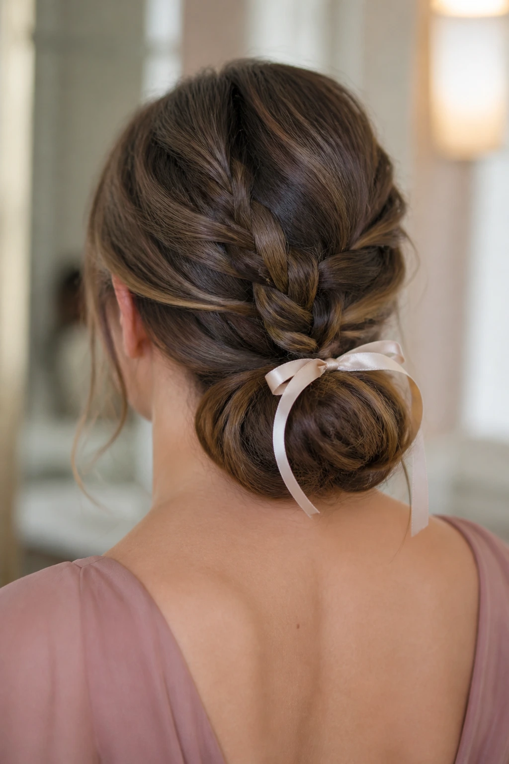 Back view of a real woman showing braided low bun with ribbon tie.