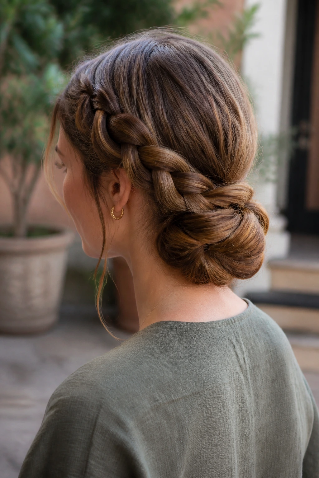 Woman with braided low bun and rope finish in a sunlit courtyard