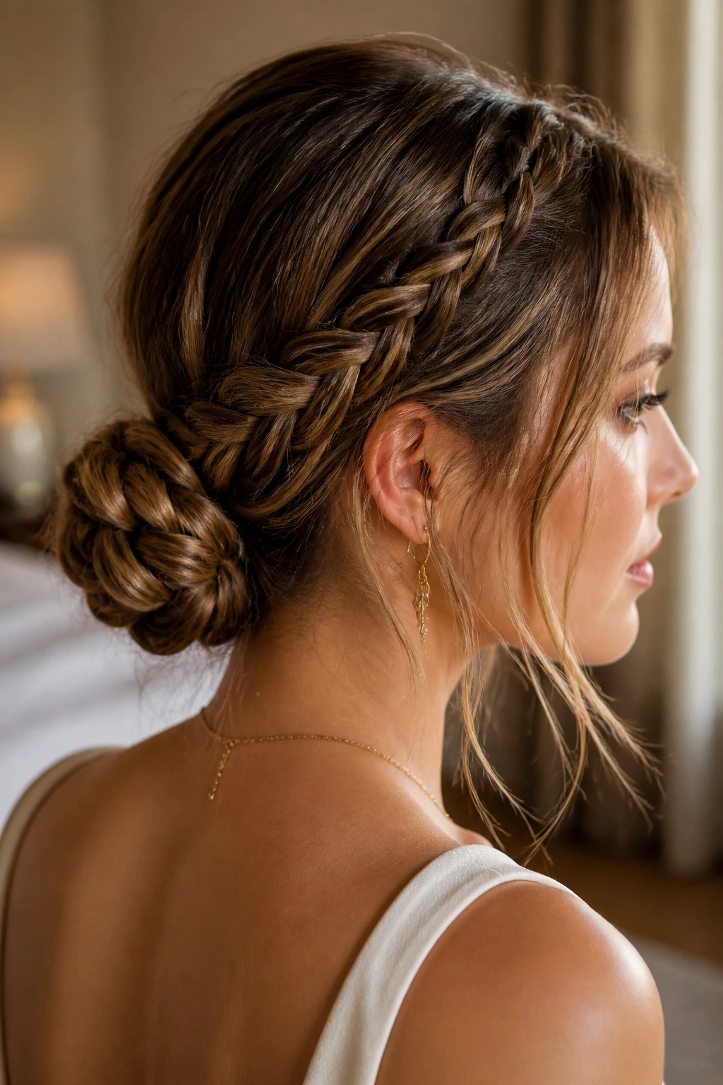 Close-up of a real woman with a braided low bun at the nape