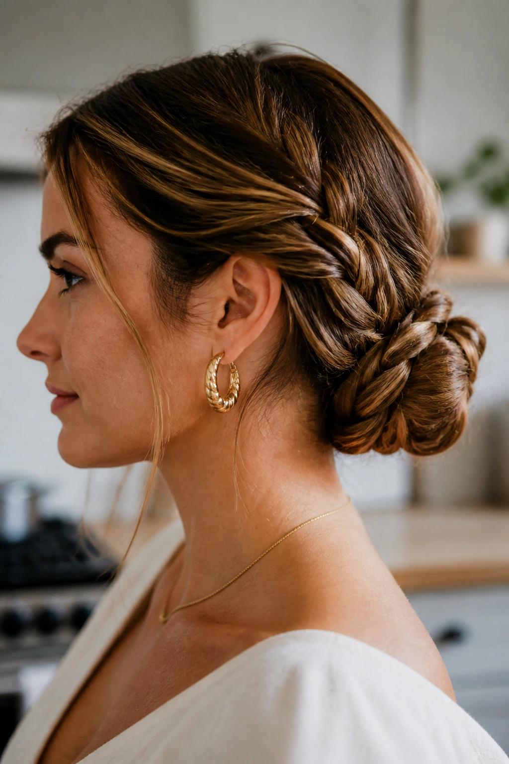 Close-up of a braided low bun on a real person