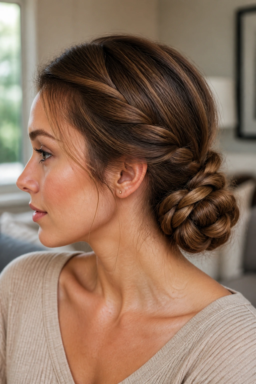 Close-up portrait of a real woman with a braided low bun at the nape